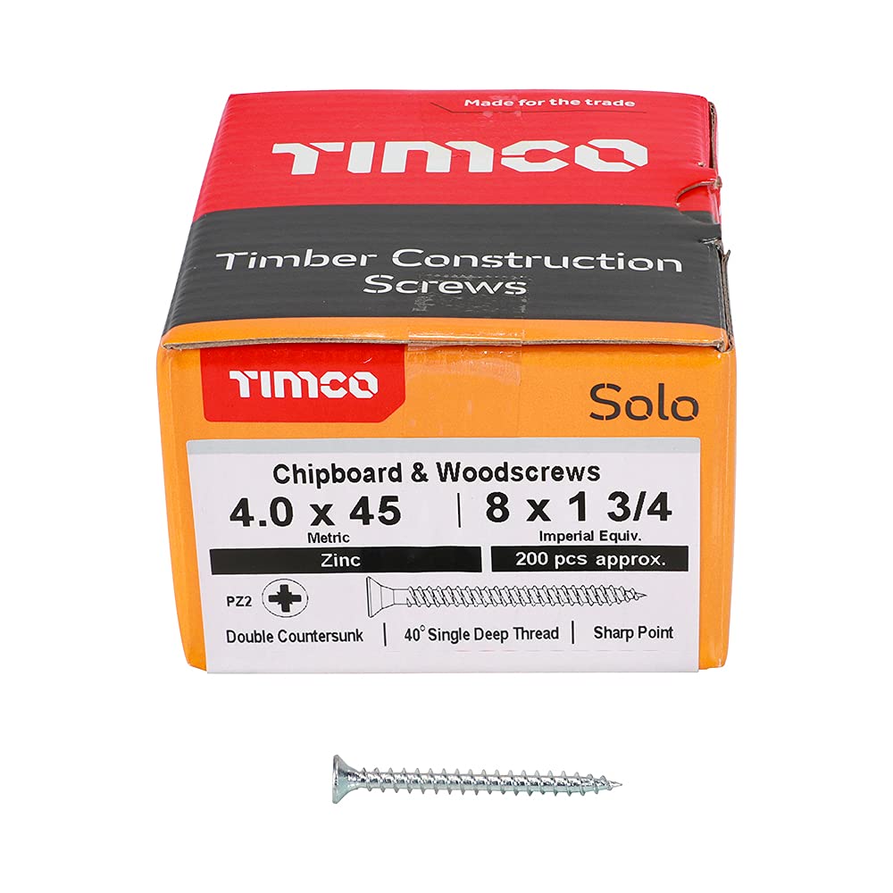 Timco 40045SOLOZ PZ2 CSK BZP Zinc Plated Woodscrews 4.0 x 45mm - Box of 200 - Ideal for Woodworking, Furniture Assembly & DIY Projects