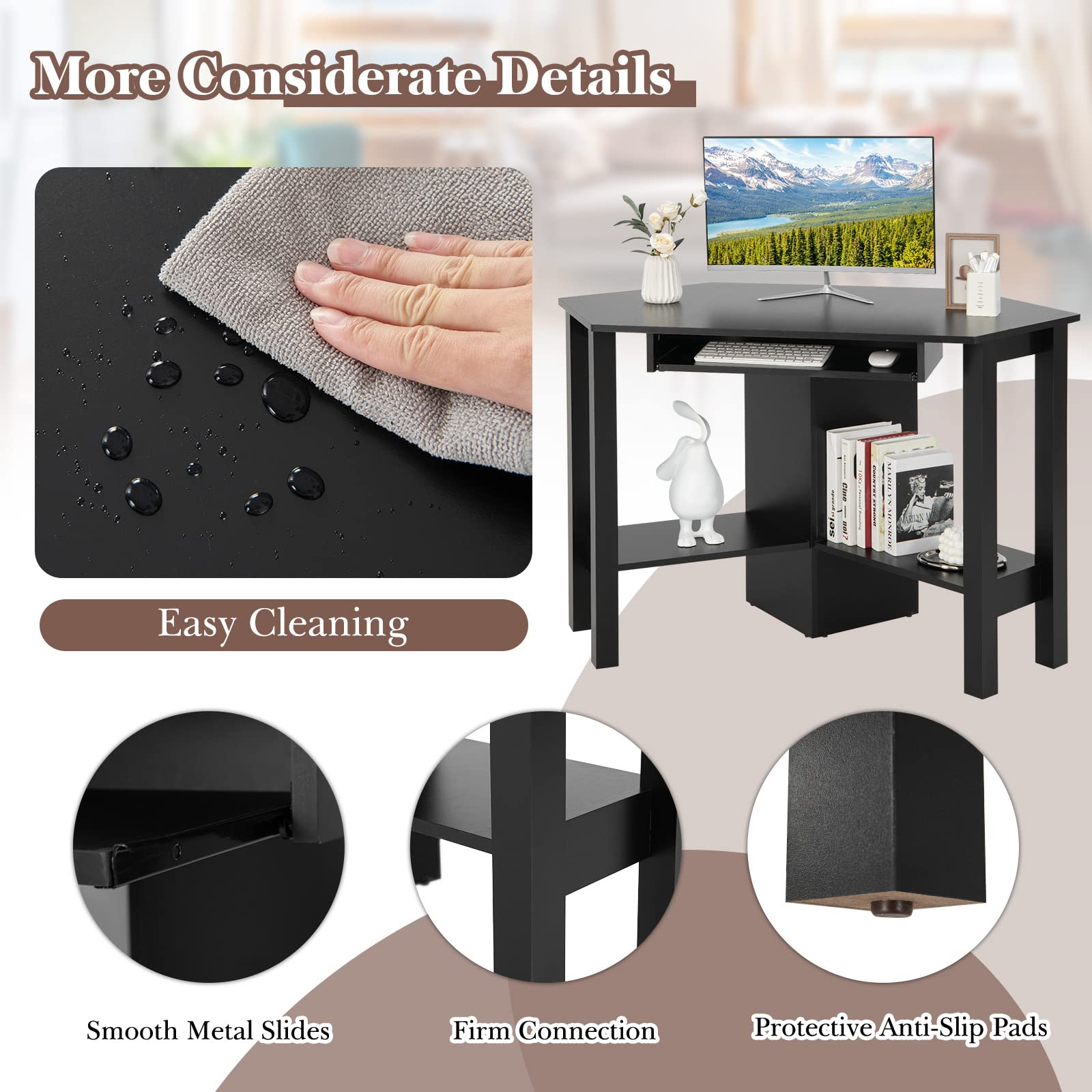 Tangkula Small Corner Desk with Keyboard Tray - Triangle Computer Desk for Bedroom, Home Office & Small Spaces - Space Saving Writing Desk with Storage Shelves - Perfect for Work, Study & Makeup Vanity
