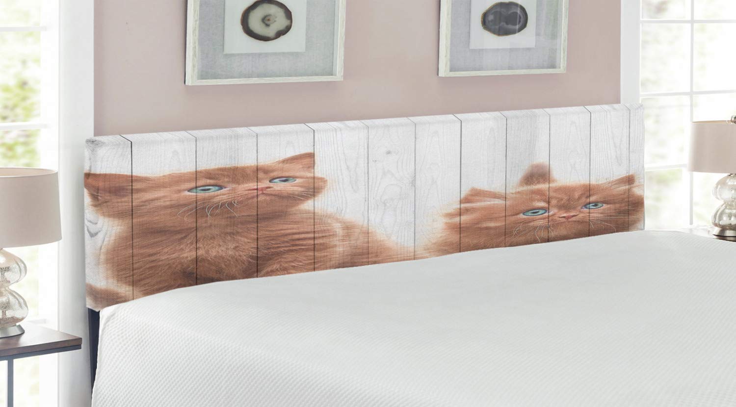 Ambesonne King Size Animal Headboard - Kittens Cats Feline Theme Upholstered Metal Bed Frame with Memory Foam | Caramel White Decorative Headboard for Bedroom | Perfect for Cat Lovers' Master Bedroom or Nursery Decor