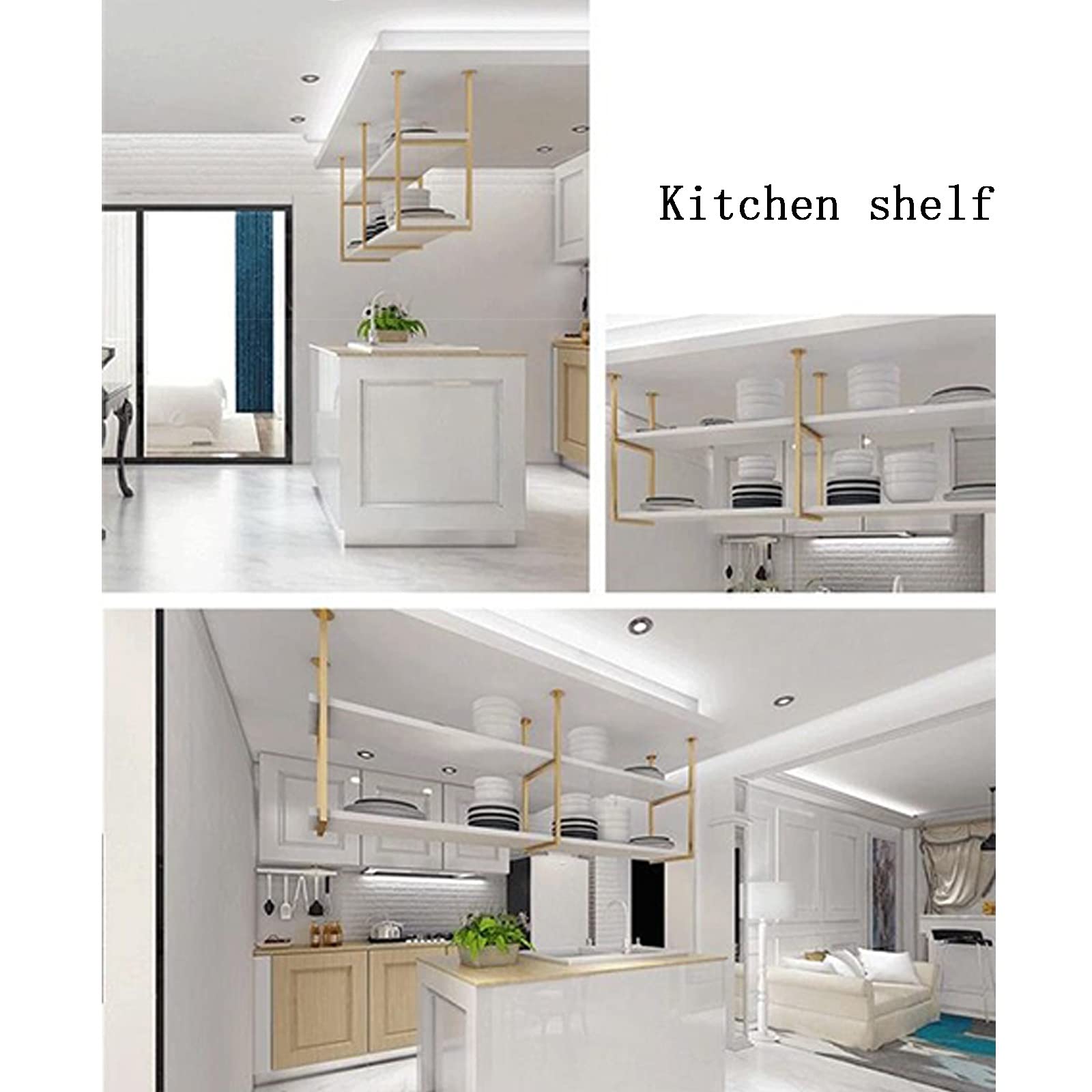 Gold Ceiling-Mounted Floating Shelf - 120x30x80cm (47x12x31 inch) Hanging Wine Rack, Bookcase & Plant Stand for Kitchen, Bedroom & Bar Decor - Space-Saving Wall Storage Solution