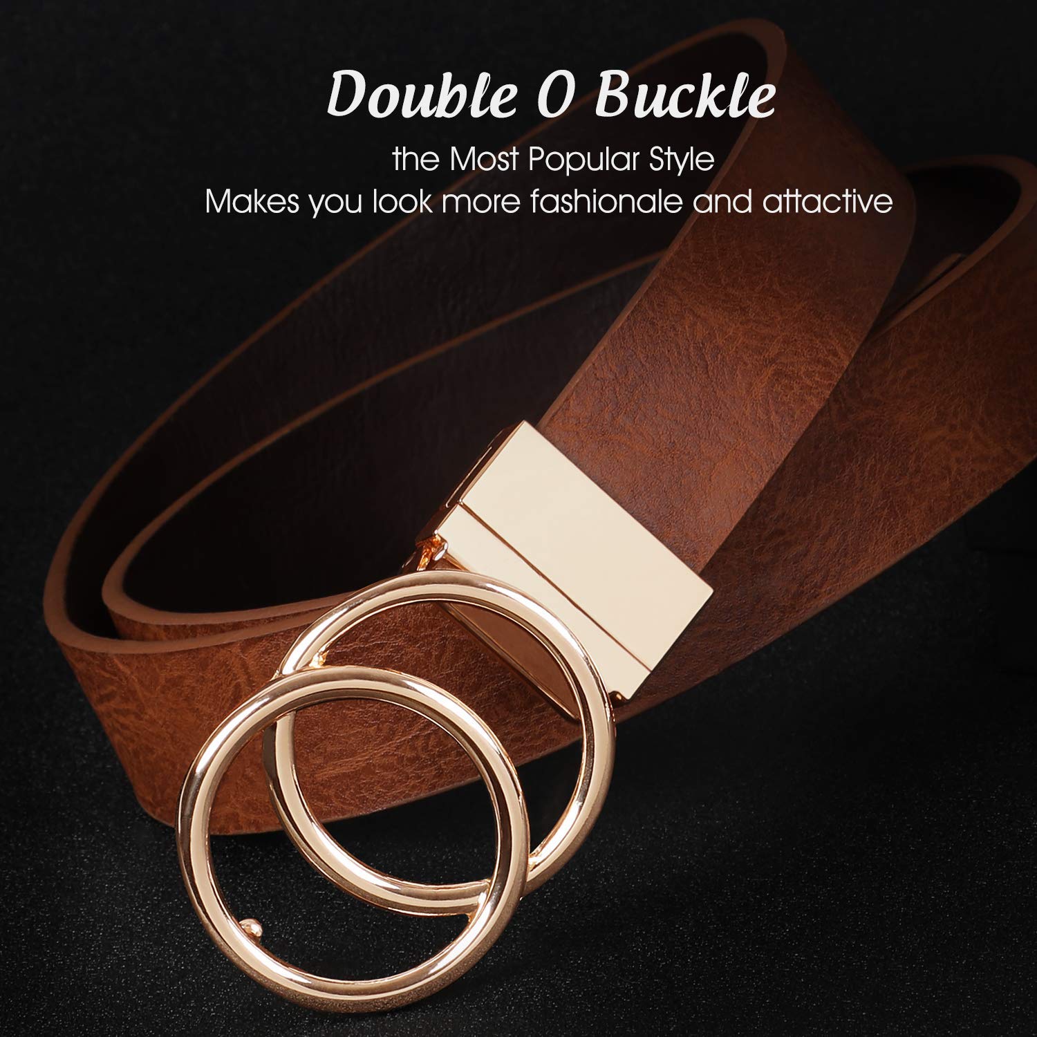 JASGOOD Women's Reversible Leather Belt with Gold Double O Ring Buckle - Stylish Waist Belt for Jeans, Dresses & Office Wear