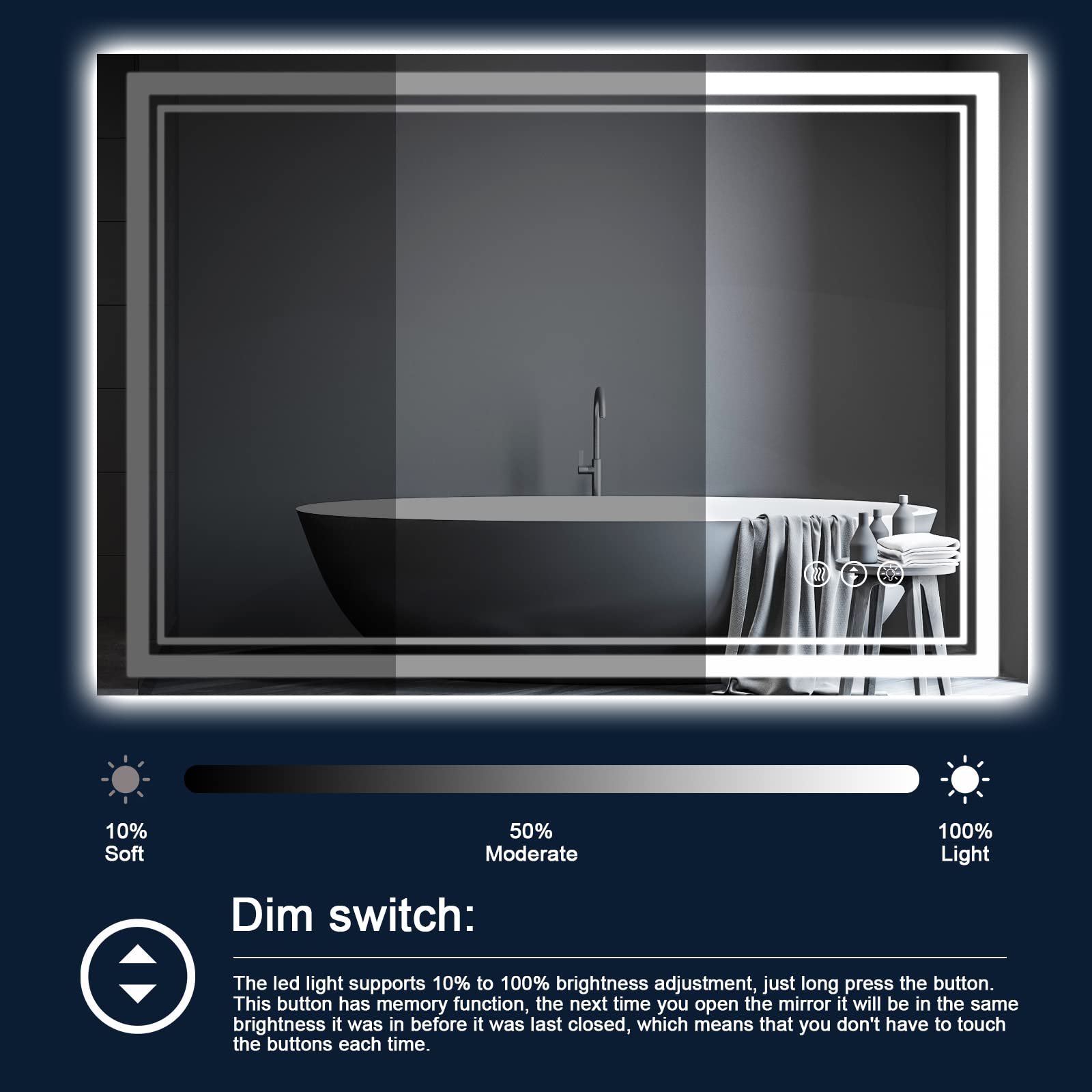 55 x 36 Inch LED Bathroom Mirror with Anti-Fog & Dimmable Backlit Lighting - Shatterproof Vanity Mirror with Memory Function for Wall Mount - Perfect for Modern Bathrooms, Dressing Rooms & Home Decor