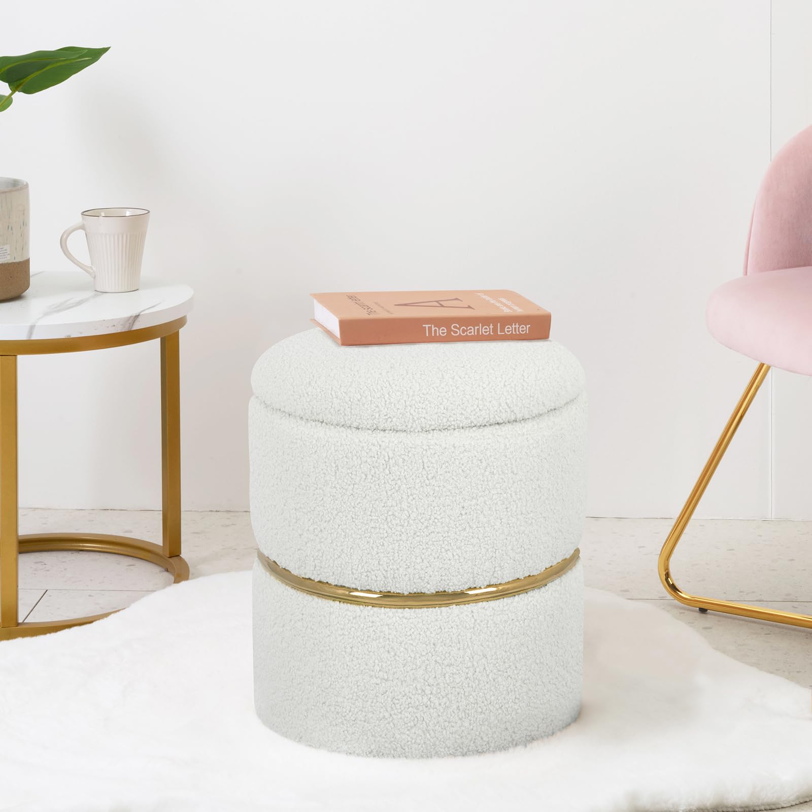 Luxury Faux Fur Round Storage Ottoman with Gold Metal Hoop - Upholstered Vanity Stool & Foot Rest, Pack of 2 - Perfect for Living Room, Bedroom & Entryway - Multi-Functional Coffee Table & Seating Solution for Home Decor