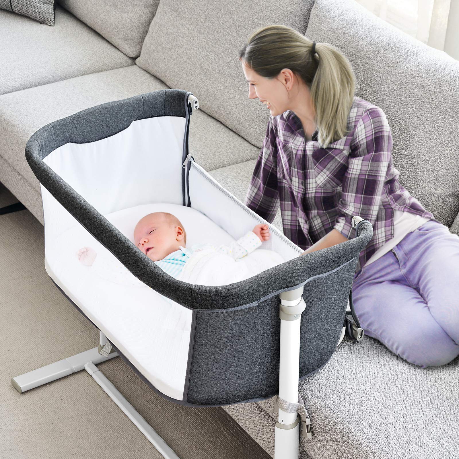 RONBEI Baby Bassinet Bedside Sleeper - Portable & Easy to Assemble Crib for Newborns & Infants, Dark Grey - Perfect for Nursery, Bedroom & Travel Use
