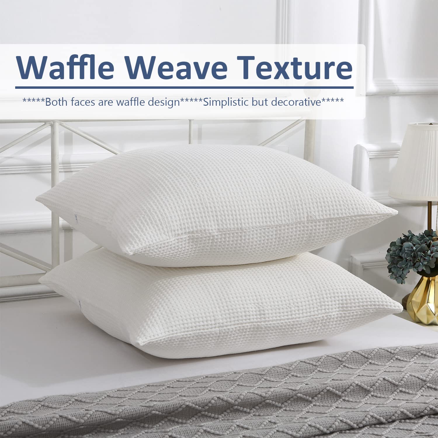 2 Pack White Waffle Weave Euro Pillow Shams 26x26 Inches - 100% Cotton Square Farmhouse Pillow Covers with Zipper Closure for Bedroom, Living Room, Sofa & Couch Decor (White, 26x26)