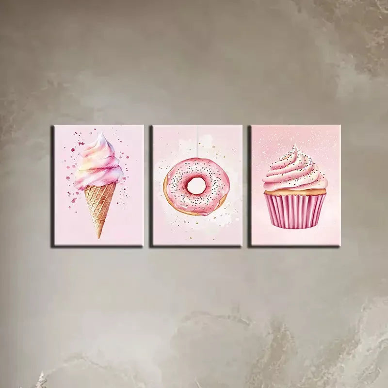 3-Piece Delicious Funny Pink Donut Ice Cream Muffin Art Set - 50x70cm Framed Canvas Wall Art | High Quality Print | 100% Australian Made | Ready to Hang | Perfect for Kitchen Decor, Cafe Wall Art & Sweet-Themed Room Decor