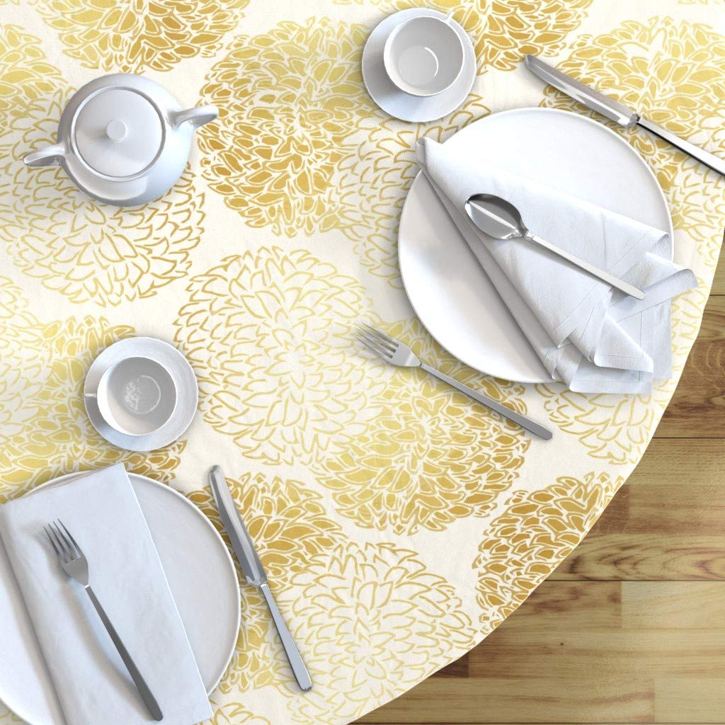 Custom Gold Asian Floral Peony Print Cotton Sateen Tablecloth - 70