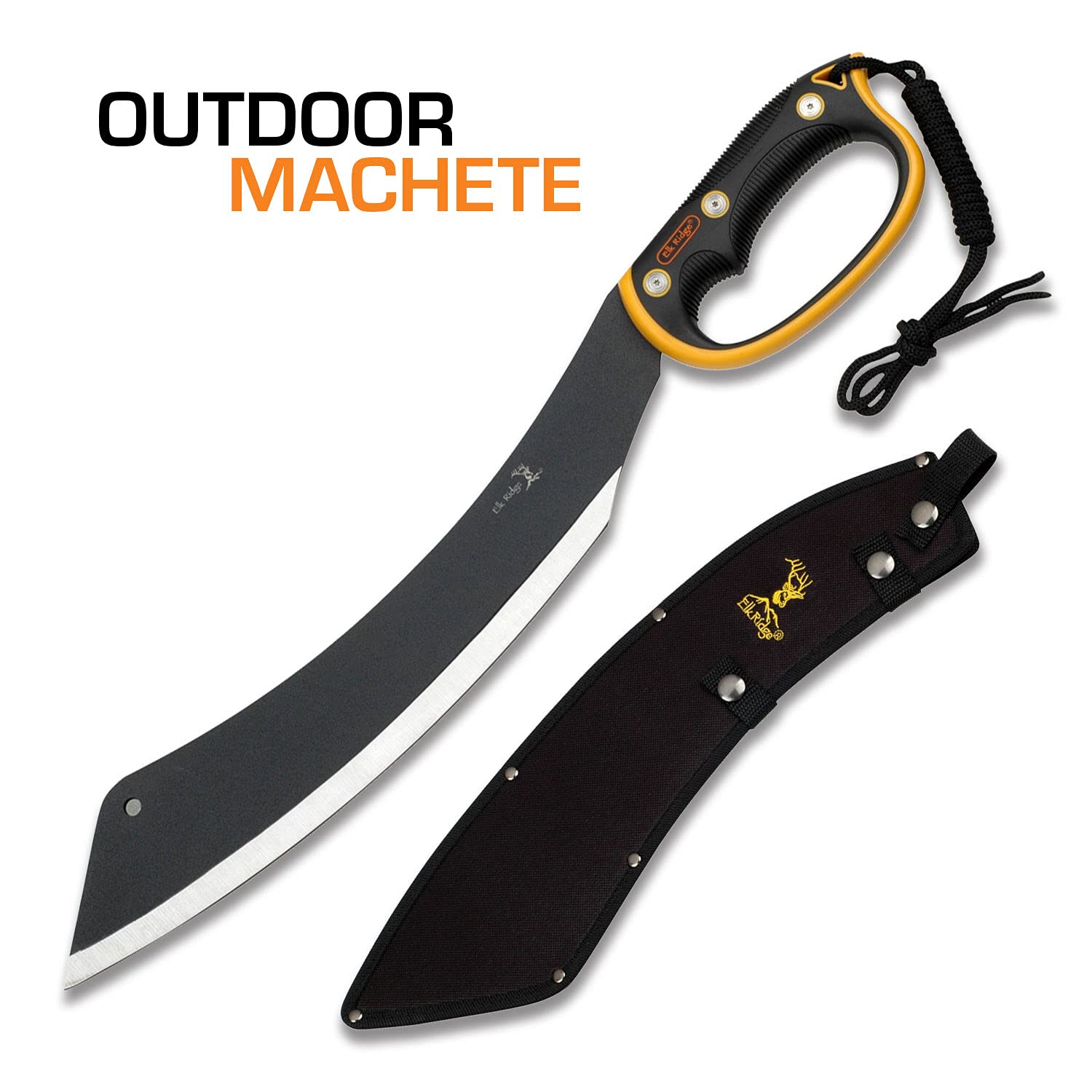 Elk Ridge 20.5-inch Fixed Blade Machete with Black Stainless Steel Blade - Orange & Black Ergonomic Handle, Lanyard & Nylon Sheath - Perfect for Camping, Hunting, Survival & Outdoor Adventures (ER-280)