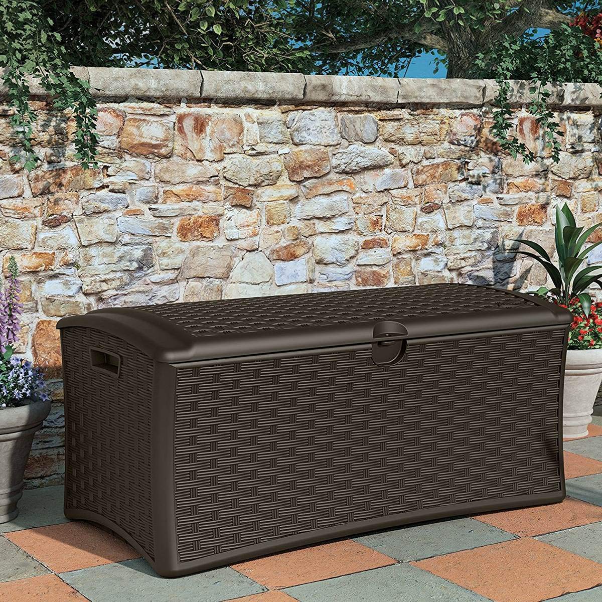 Suncast 72 Gallon Outdoor Storage Deck Box - Easy Assembly Plastic Wicker Patio Furniture Cover for Cushions, Pillows & Accessories | Weather-Resistant Deck Box for Backyard, Poolside & Garden Organization (Brown)
