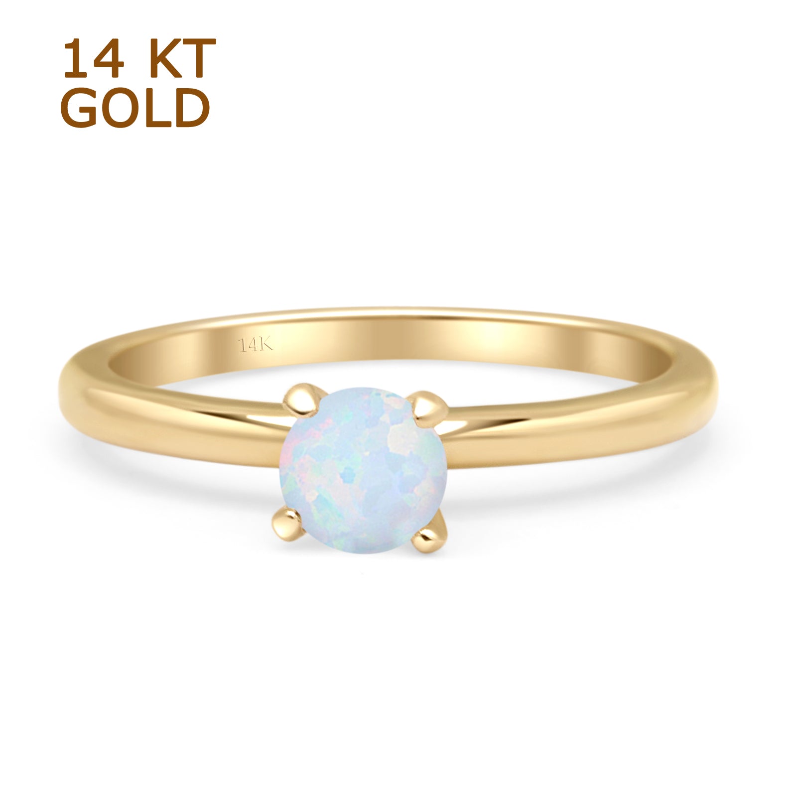 14K Yellow Gold Minimalist Round Lab-Created White Opal Solitaire Ring for Women - Elegant Everyday Jewelry & Special Occasion Gift