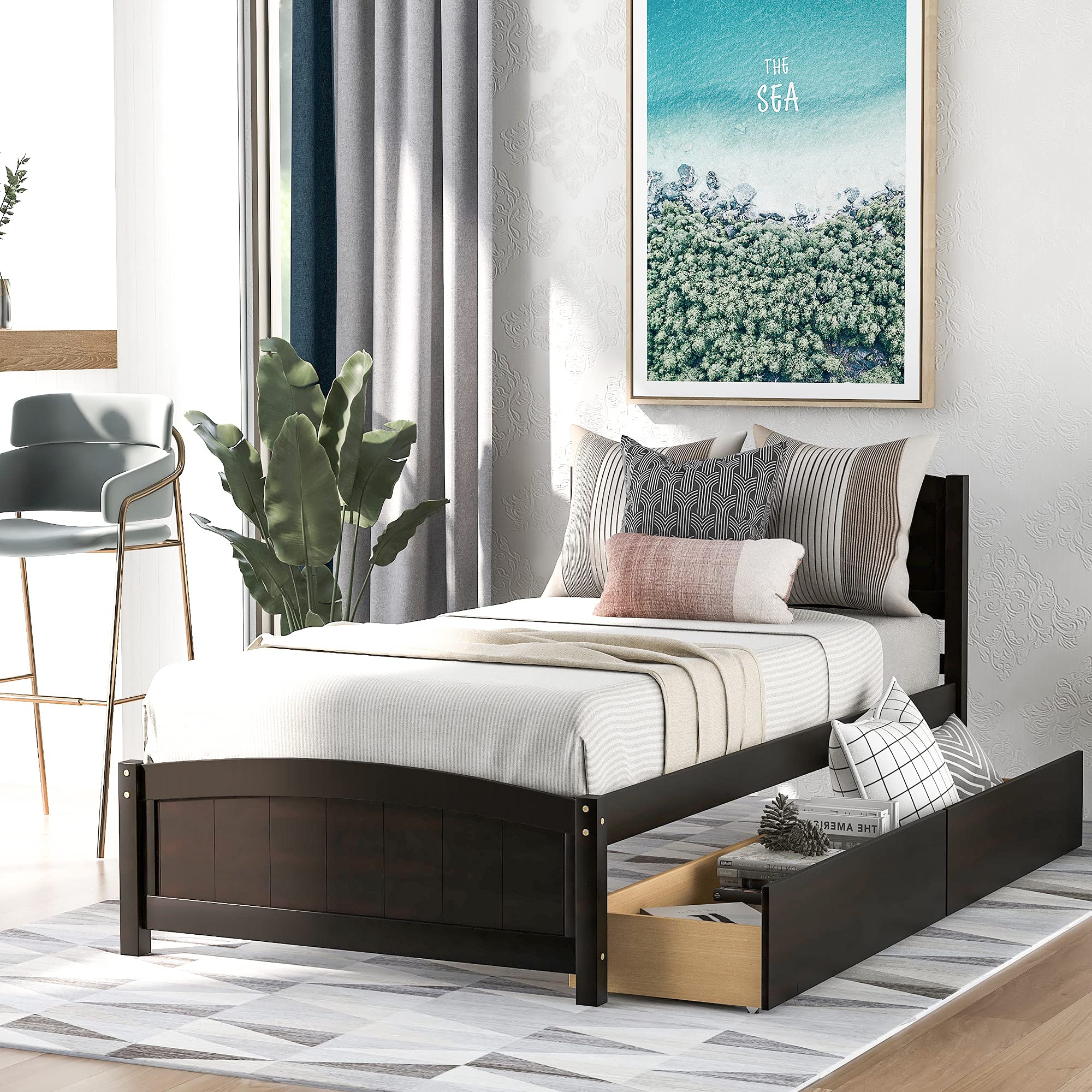 Espresso Wooden Platform Bed with Headboard & Storage Drawers - Twin Size Bed Frame for Kids, Teens & Adults - Perfect for Small Bedrooms, Guest Rooms & Dormitories
