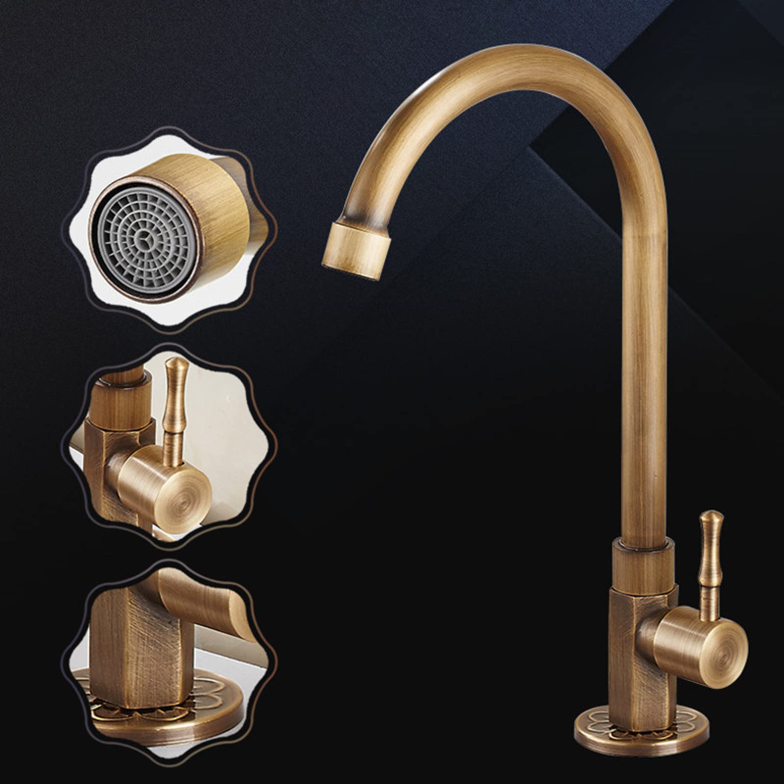 1-Piece Classic Brass Single Lever Cold Water Kitchen Sink Faucet with Goose Neck Spout - Perfect for Outdoor Use, RV, and Camping