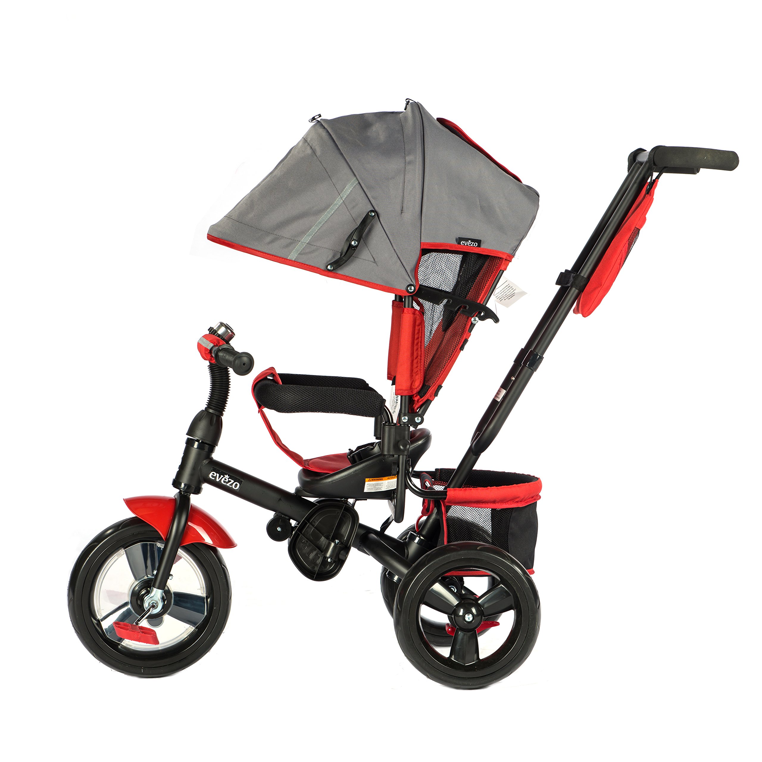 EVEZO 307A 4-in-1 Adult Push Tricycle for Kids with Reclining Seat, Safety Harness & Storage - Convertible Stroller Trike with Bell & Canopy (Crimson Red) - Perfect for Park Rides, Neighborhood Walks & Outdoor Family Adventures