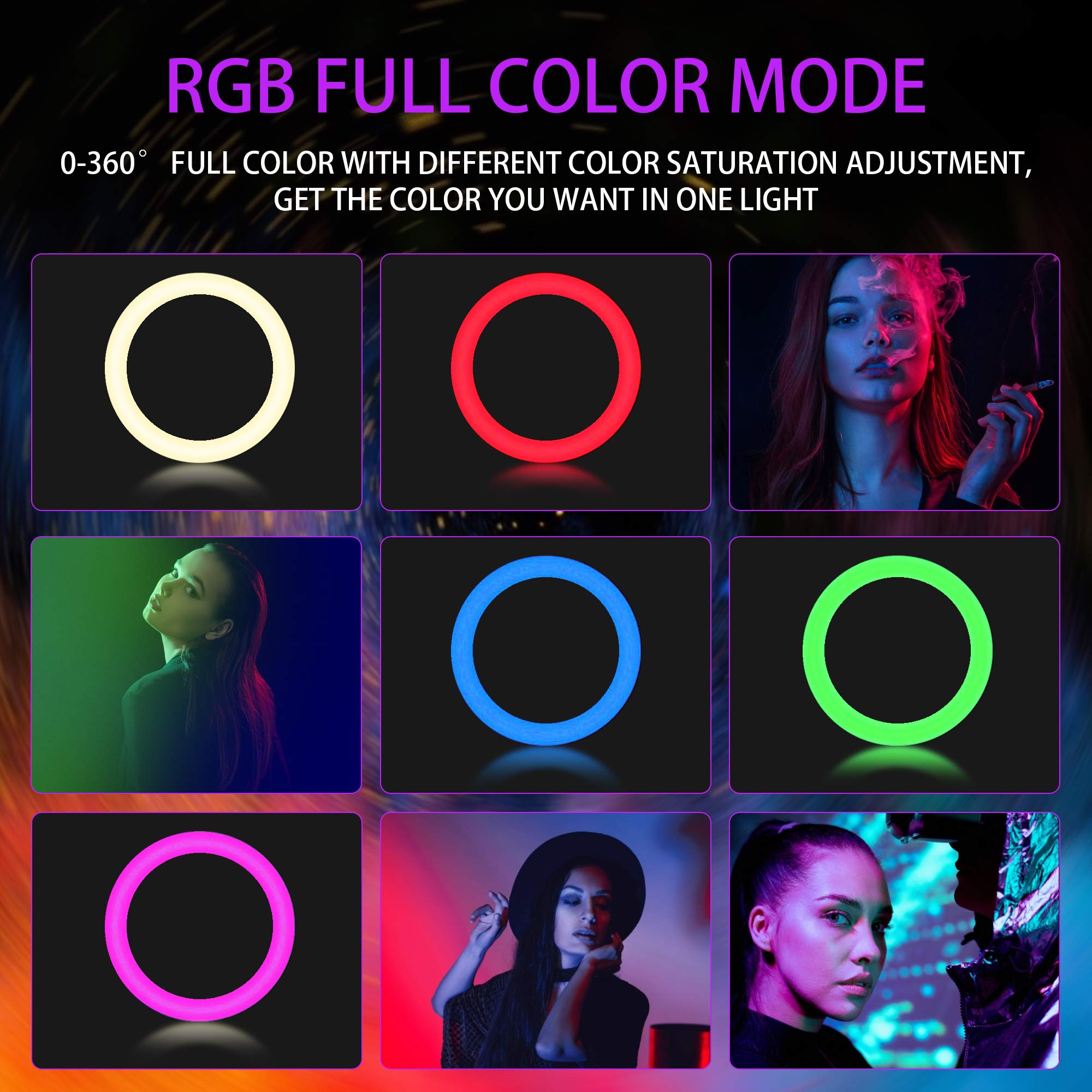 18 Inch Dimmable RGB LED Ring Light Kit - 3000K-6500K Color Temperature, 10 Brightness Levels up to 5000 Lux with Stand, Phone & Camera Holder & Wireless Remote - Perfect for Live Streaming, Makeup, YouTube Videos, TikTok Content Creation and Photography