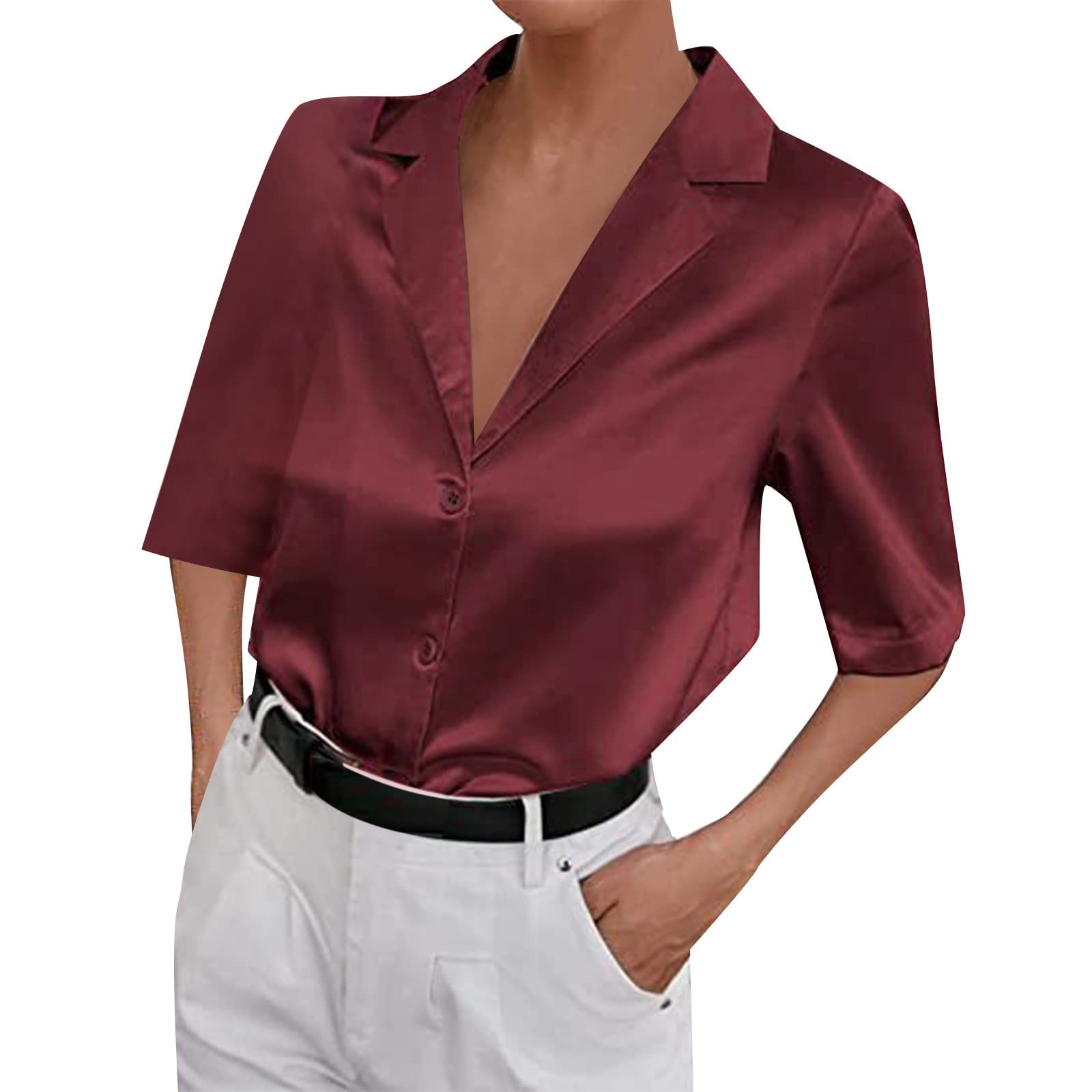 Stylish Women's Satin Short Sleeve Casual Shirt with Single Lapel - Perfect for Office Wear, Summer Outfits & Tall Women's Fashion