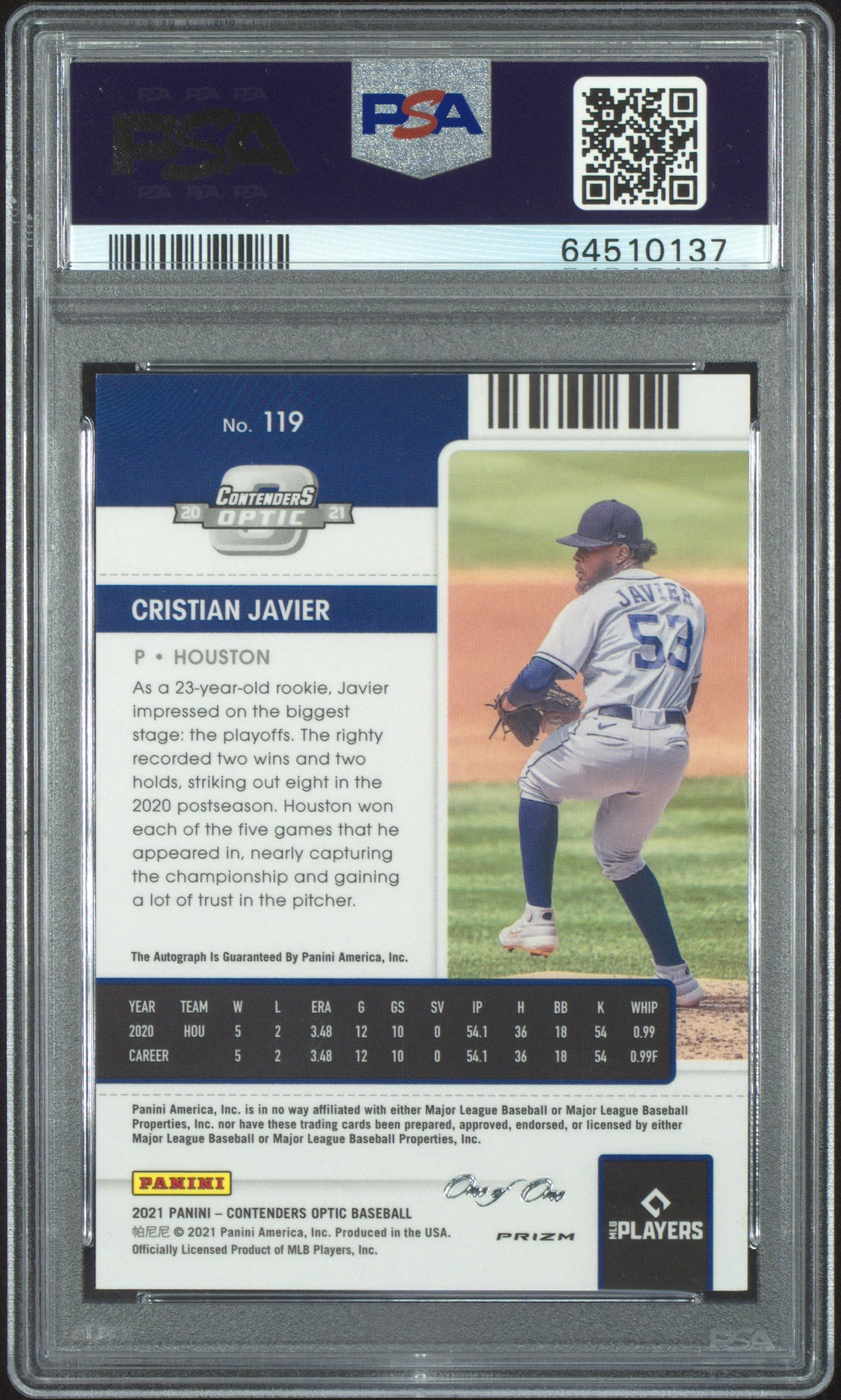 2021 Panini Optic Contenders Cristian Javier Auto Gold Vinyl 1/1 #119 PSA 9 - Rare Baseball Trading Card for Collectors & Investors - Perfect for Display, Trading, and Sports Memorabilia Collections
