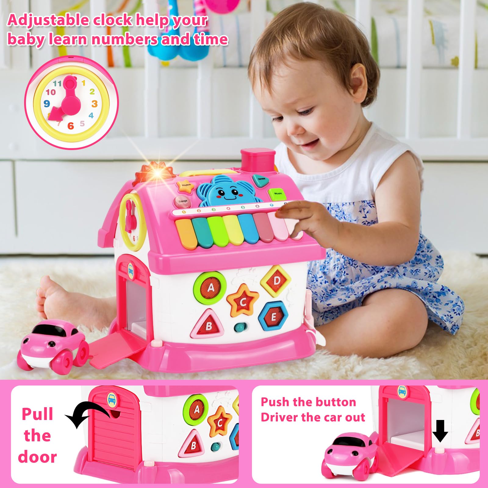 Aitbay 8-in-1 Multi-Functional Montessori House Toy for 1-3 Year Old Girls - Educational Musical Baby Toy Gift for 6-18 Months - Perfect for 1st Birthday & Christmas Presents - Interactive Learning & Playtime Fun for Toddlers