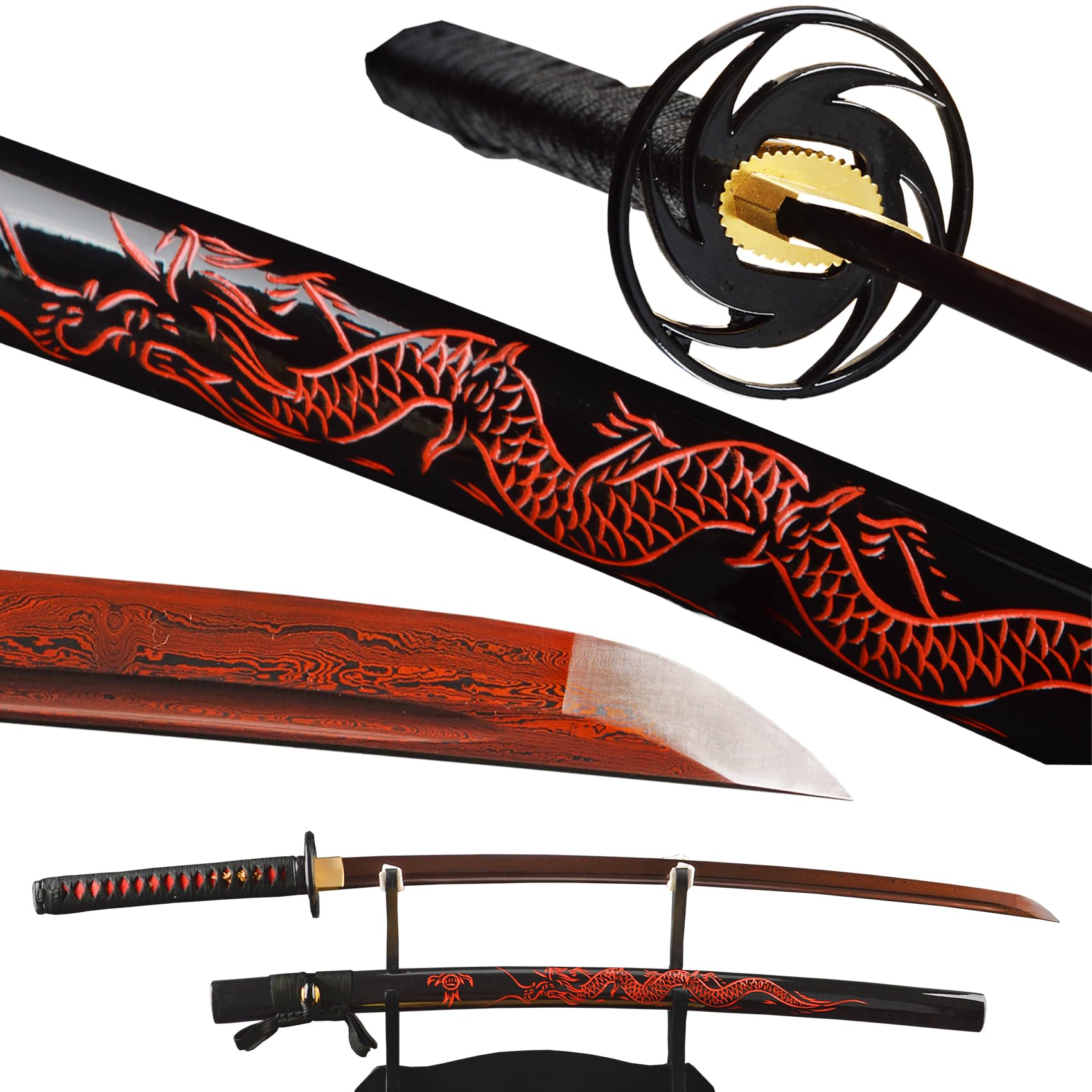 Handmade Damascus Steel Japanese Katana Sword - Red Dragon Engraved Saya - Authentic Folded Steel Blade - Perfect for Martial Arts Training, Cosplay & Collectors