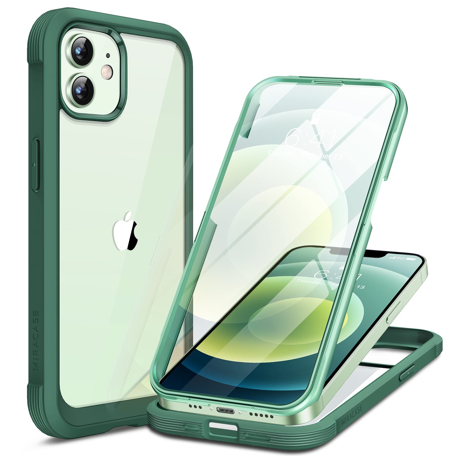 Miracase iPhone 12/12 Pro 6.1 inch Clear Protective Case (2020 Model) - Shatterproof 9H Tempered Glass Screen Protector Included - Midnight Green - Perfect for Everyday Use, Work & Travel Protection
