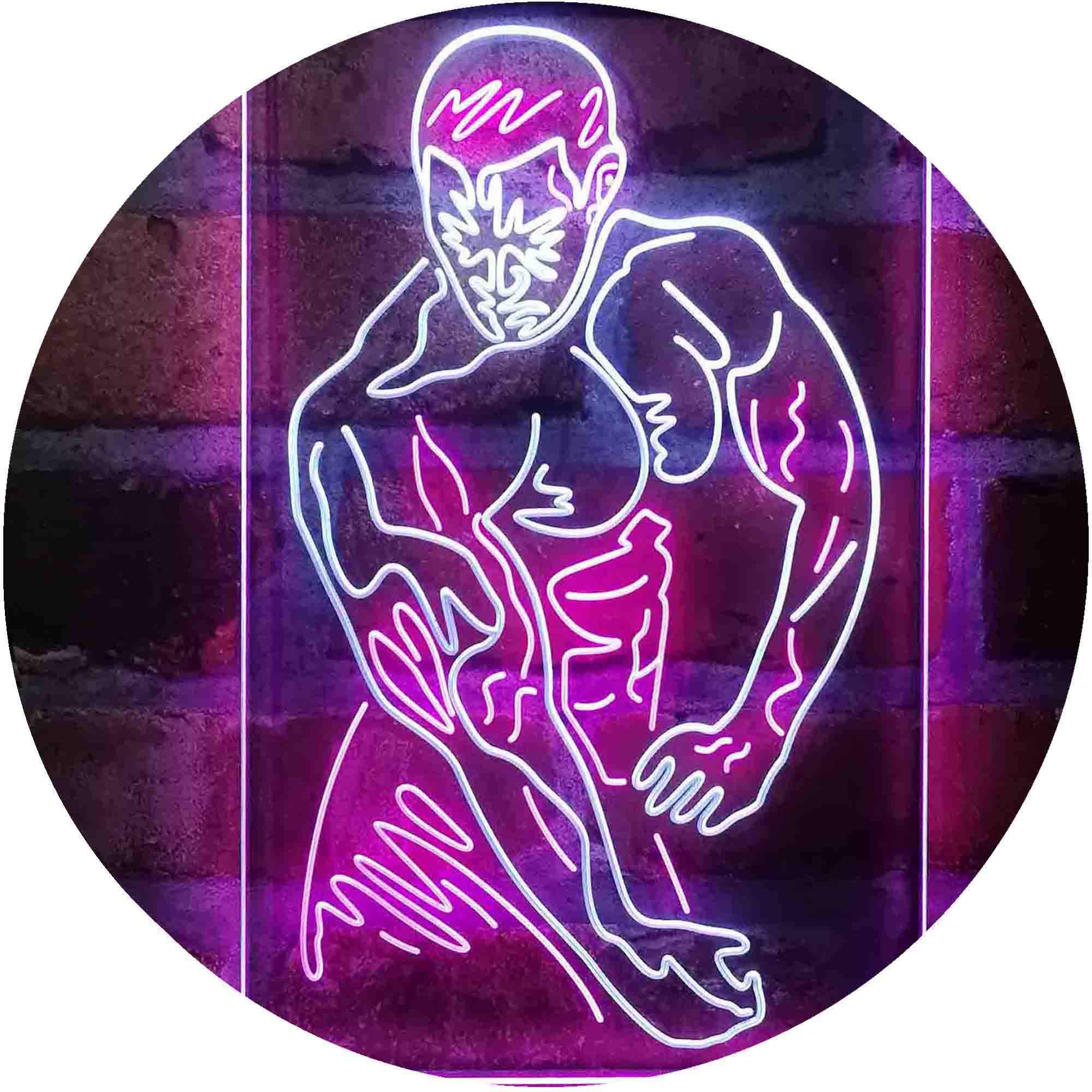 ADVPRO Work for It Muscle Strong Man Fitness Club LED Neon Sign - Dual Color White & Purple (16x24 Inches) - Gym Wall Decor for Bodybuilding Studios & Home Workout Rooms