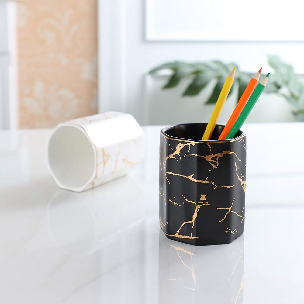 Golden Pattern Ceramic Pen Holder - Elegant Desk Organizer for Pencils, Pens & Office Supplies | Perfect for Home, Office & School Use (Black)