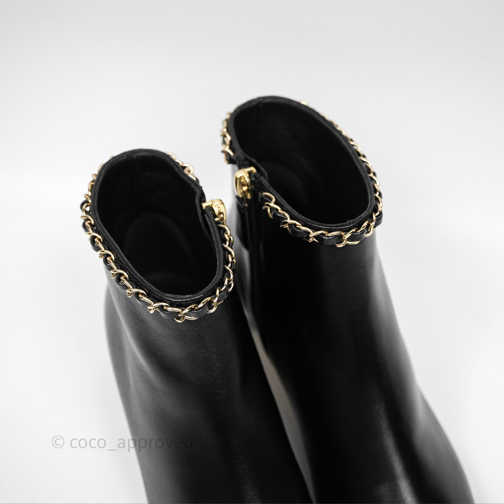 Chanel Black Cap Toe Chain Ankle Boots - Genuine Lambskin Leather Size 36.5 EU (Women's US 6.5) - Luxury Fashion Boots for Evening Parties & Date Nights