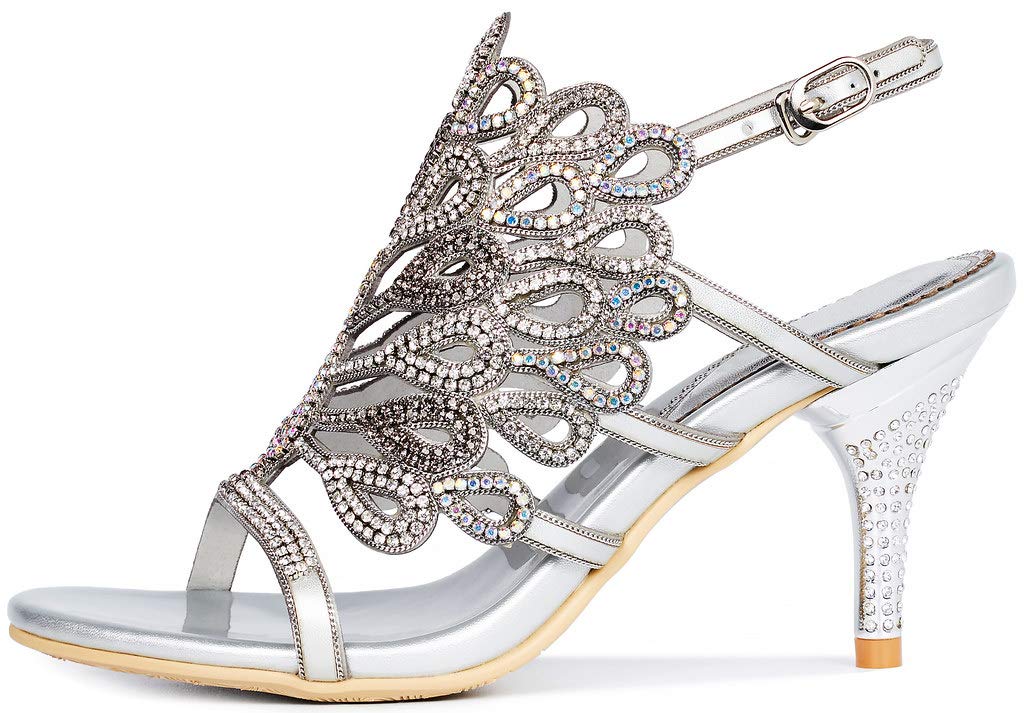 YooPrettyz Women's Rhinestone Peacock Evening Sandals - Chunky High Heels for Wedding, Party & Special Occasions | Elegant Dress Shoes for Prom, Cocktail Events & Formal Gatherings