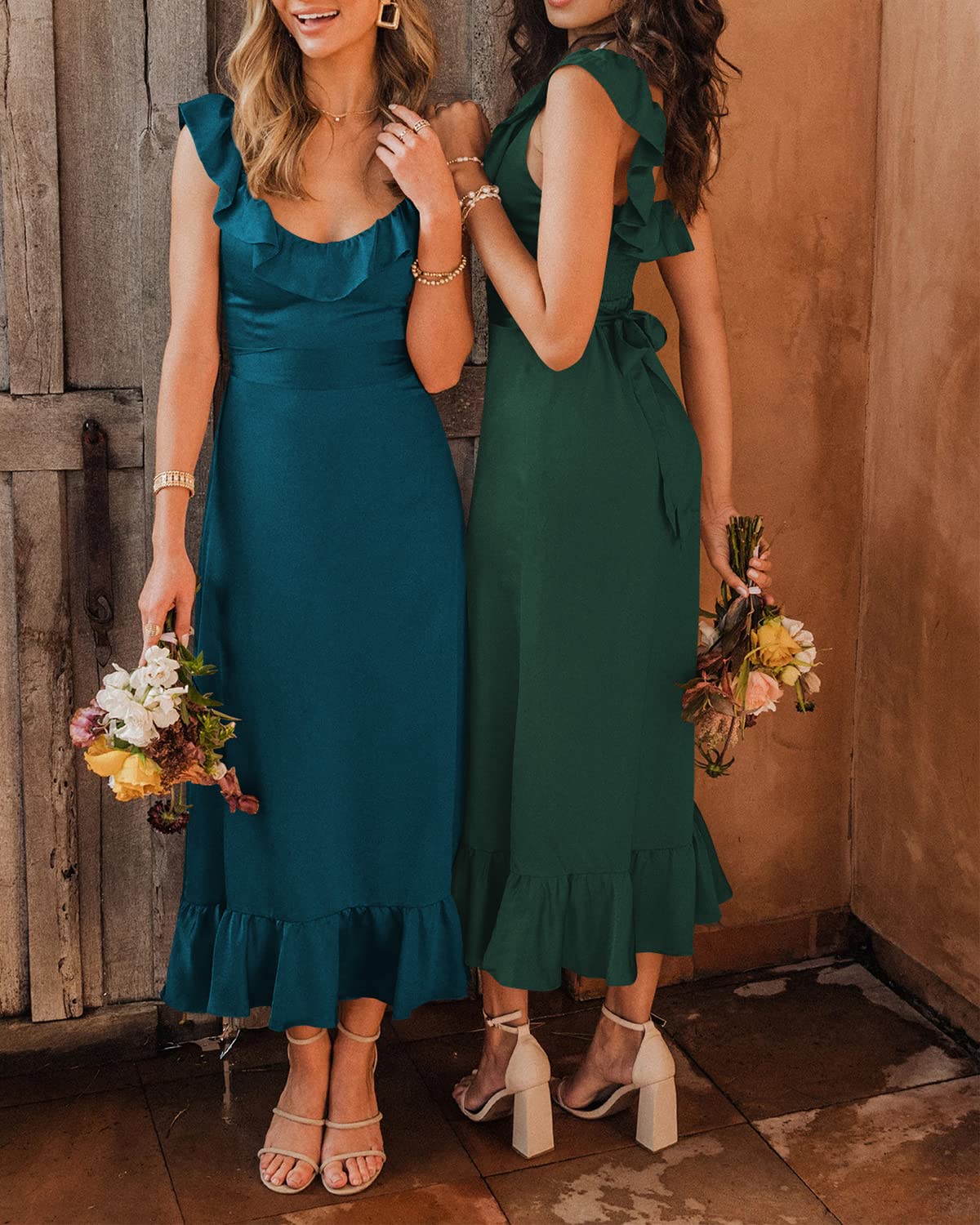 Houstil Women's Summer Wrap Maxi Dress - Ruffle Satin Sleeveless Tie Waist Flowy Beach Wedding Guest Bridesmaid Dress for Vacation, Party & Special Occasions