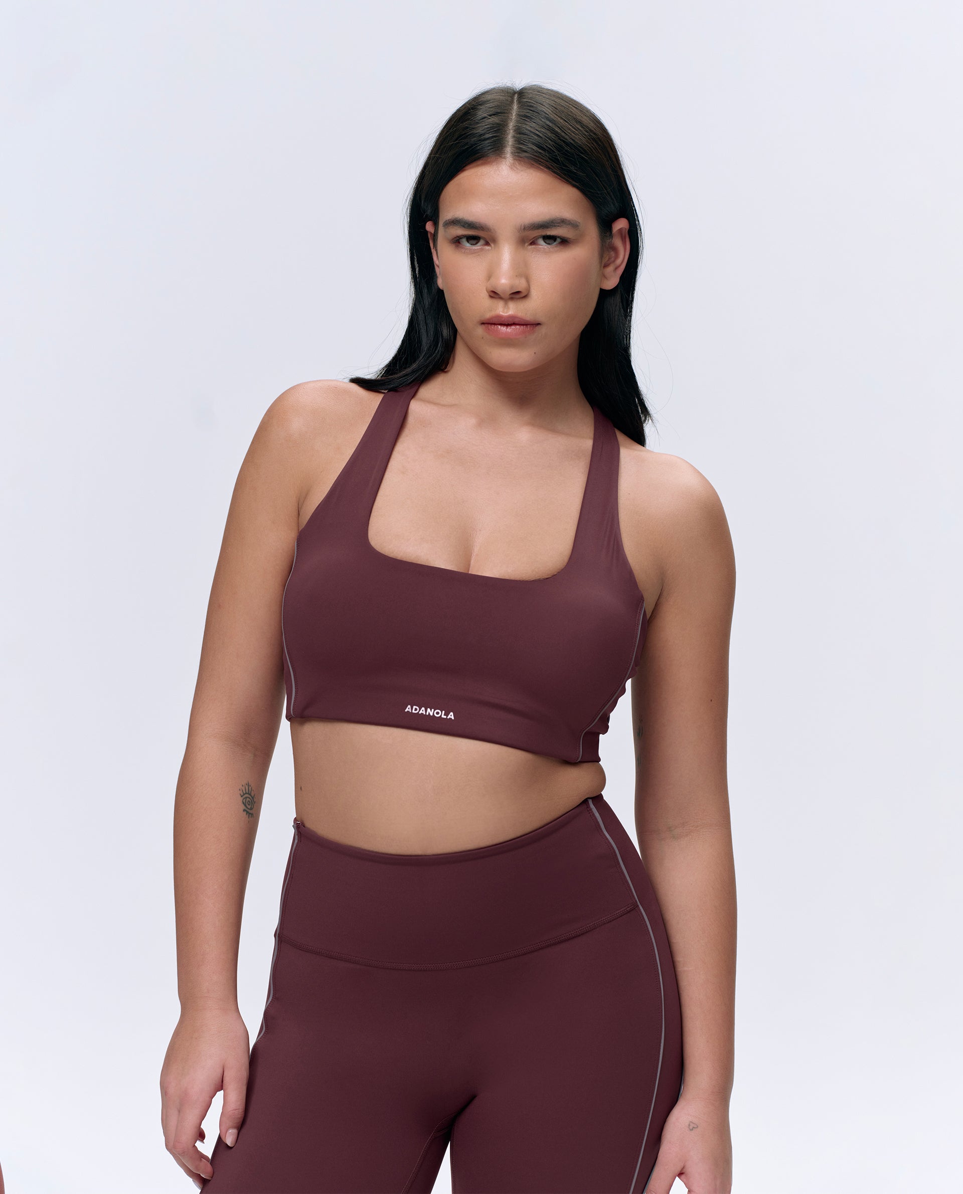 Ultimate Reflective Piping Open Back Tank Bra - Burgundy Red Sports Bra for Running, Yoga & Gym Workouts
