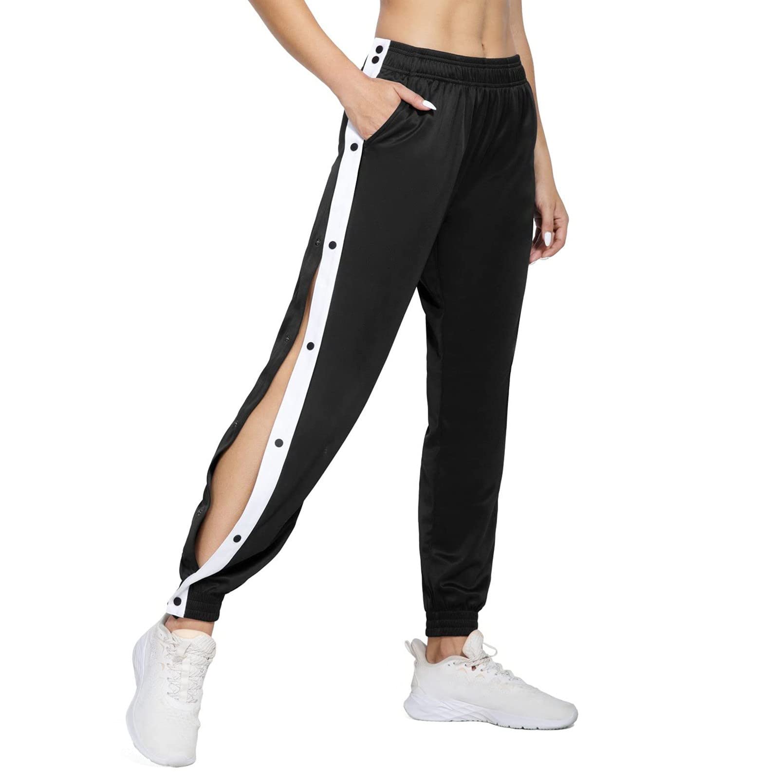 Women's High Waist Yoga Sweatpants with Side Split & Snap Buttons - Striped Joggers with Pockets for Workout, Lounge & Running