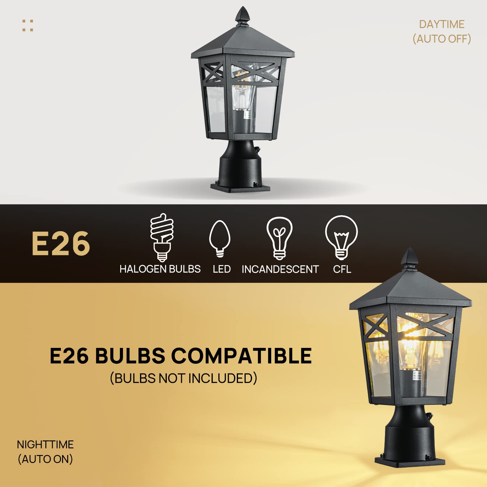 1-Light Dusk to Dawn Outdoor Post Light Fixture - Black Exterior Lamp with Clear Glass for Patio, Garden & Driveway Lighting | Weatherproof Post Light for Yard, Walkway & Landscape Illumination