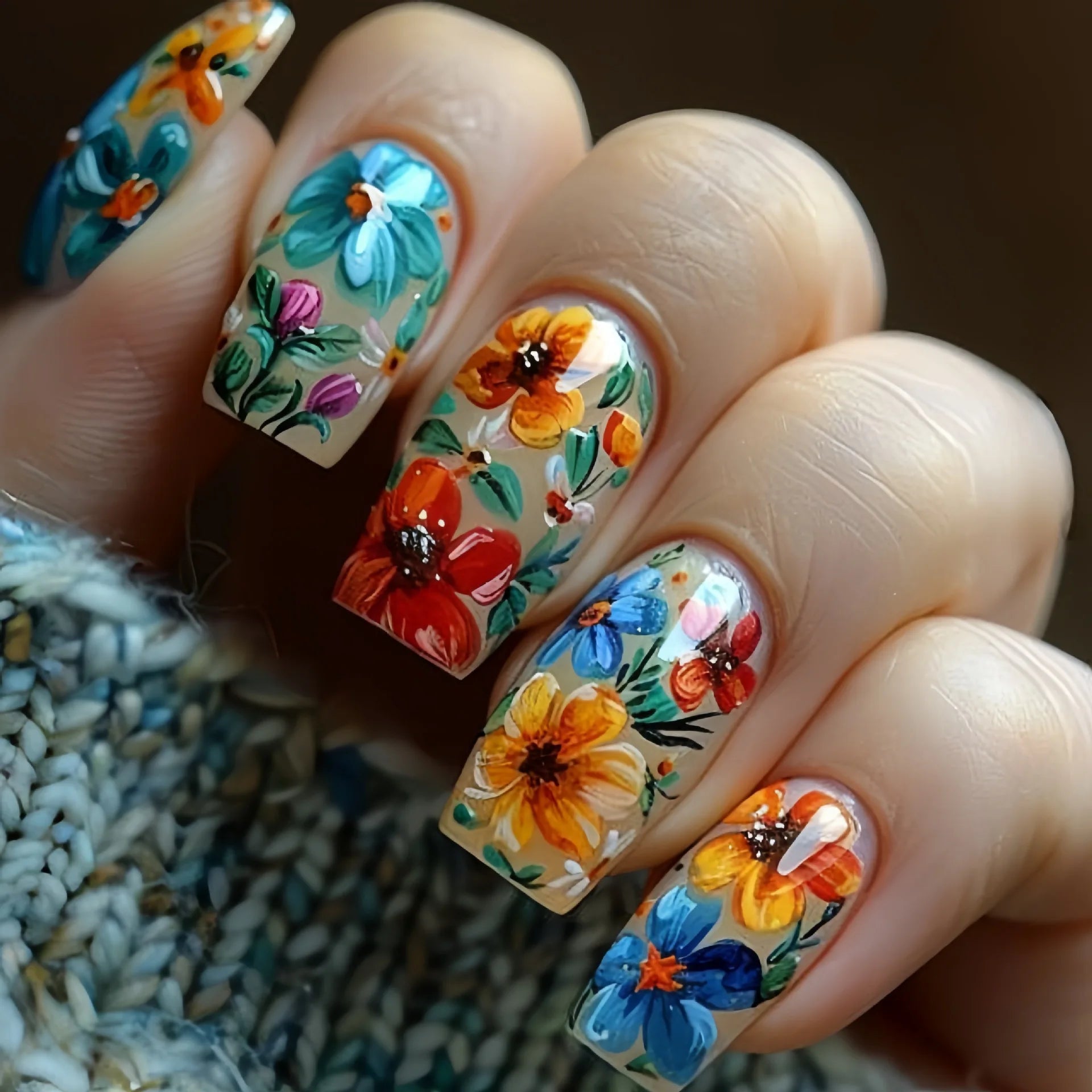 24Pcs Medium Length Ballet Fake Nails - Full Cover Yellow Cute Bee Design with Glue - French Manicure Tips with Colorful Flowers - Perfect for Parties, Weddings & Daily Wear