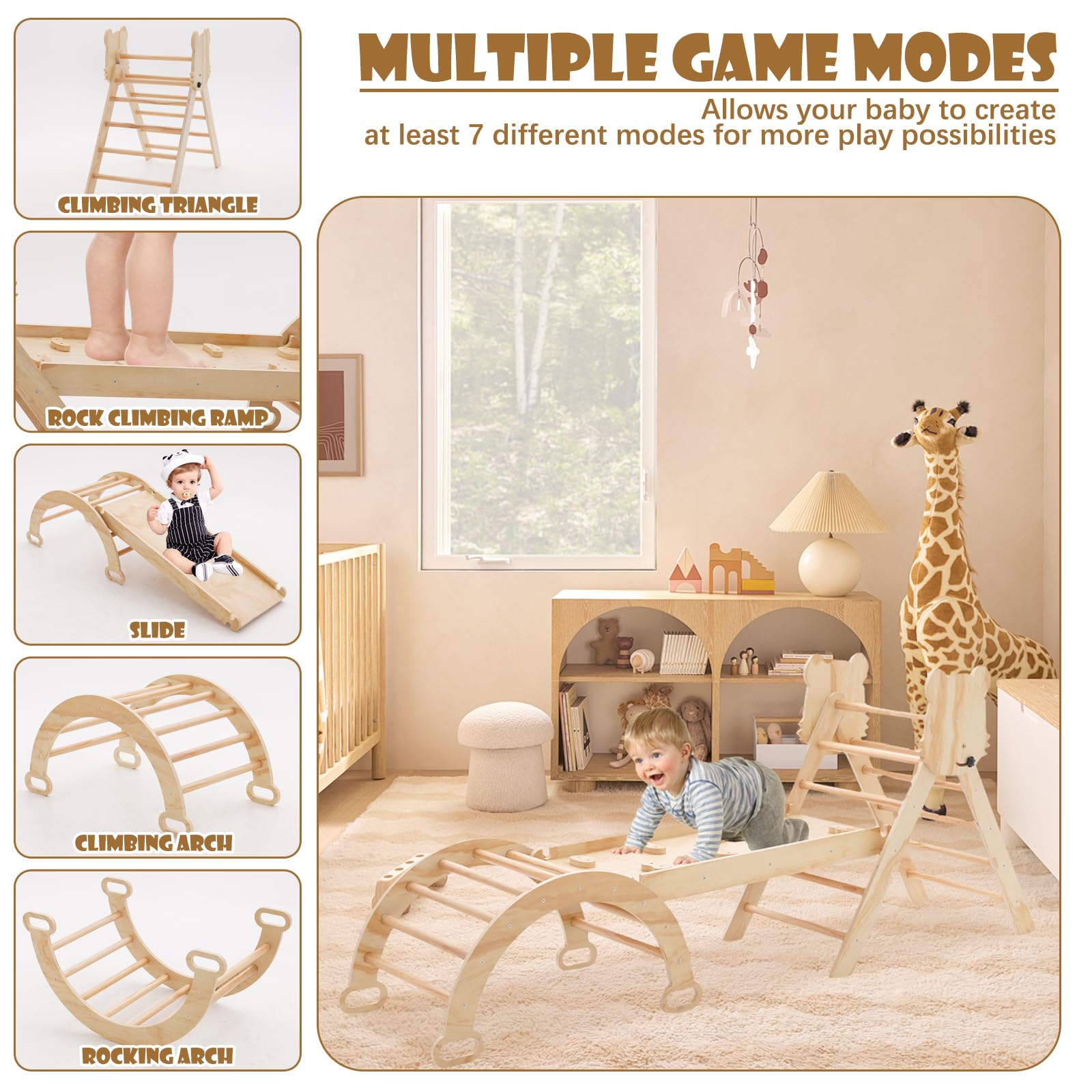 **Pikler Triangle Set for Toddlers - 7-in-1 Foldable Wooden Climbing Gym with Arch, Ramp & Ladder - Montessori Climbing Toys for Kids 3+ Years - Indoor & Outdoor Playground for Active Toddlers**