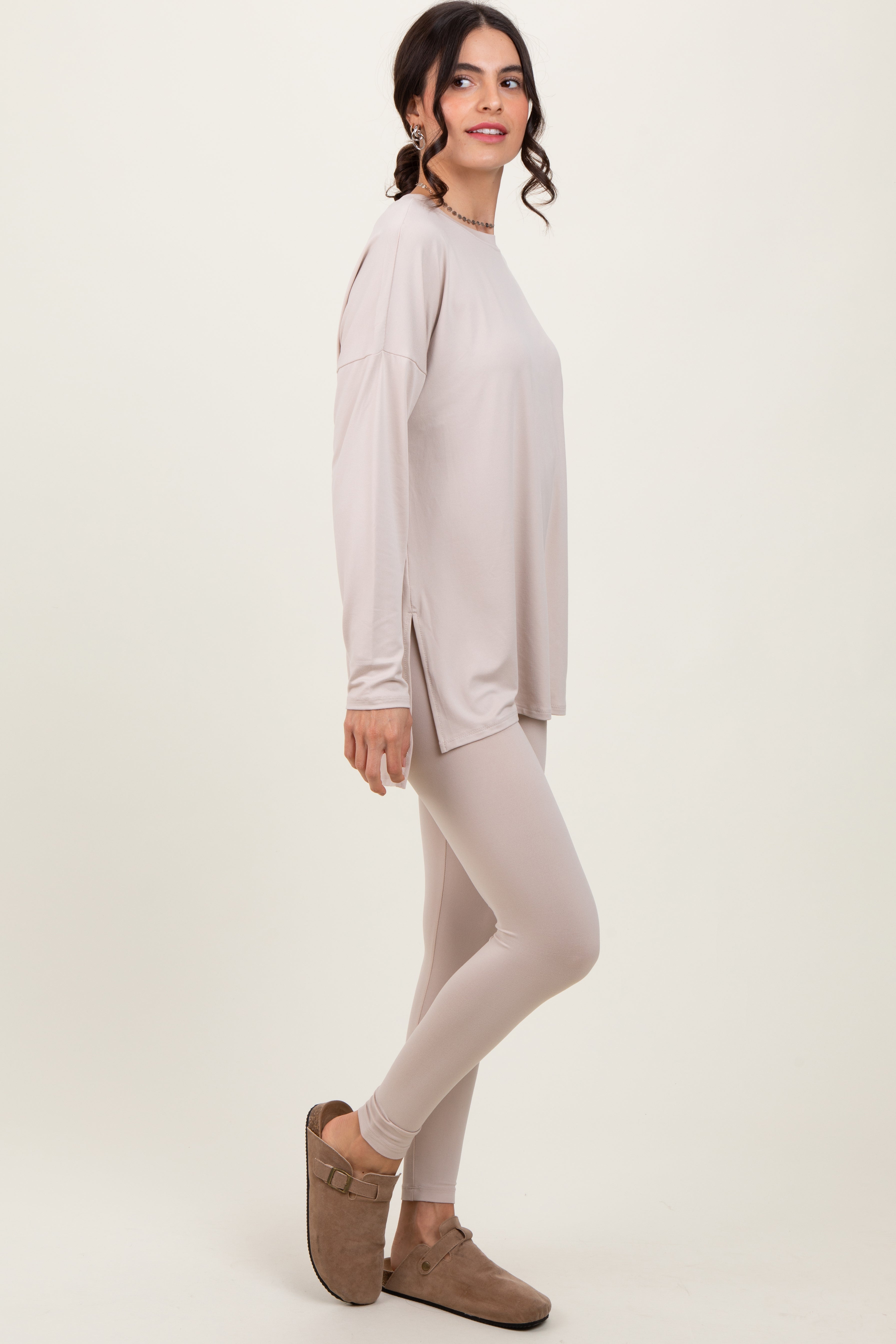 Beige Brushed Knit Oversized Top and Legging Set - Women's Casual Loungewear Outfit for Yoga, Travel & Relaxation | Soft Comfortable Stretchy Fabric