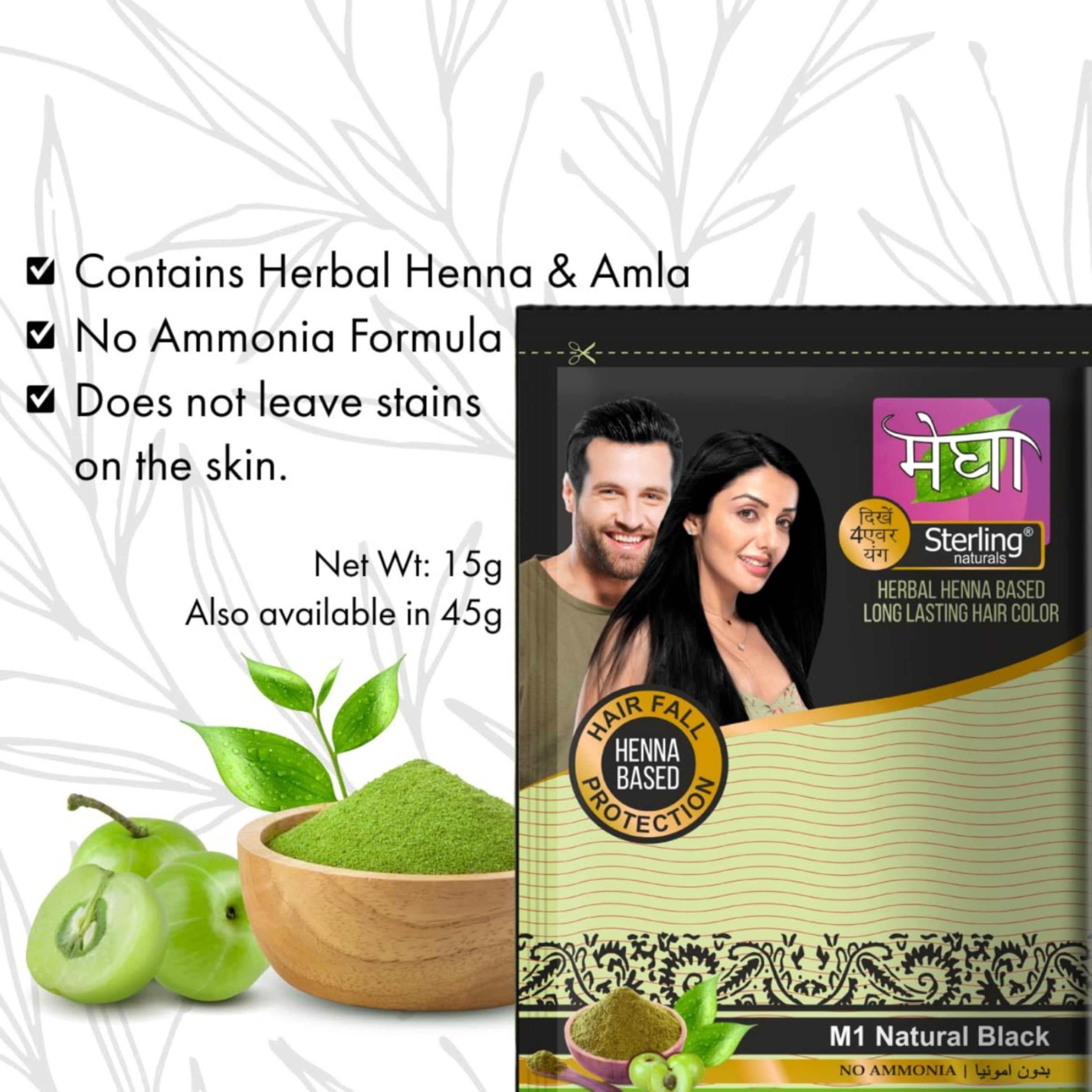 Sterling Naturals Megha Mehandi Organic Henna Hair Dye for Women - 100% Natural Black Hair Color, Chemical-Free & Ammonia-Free, 6 Pack (15g Each) - Perfect for Gray Coverage & Natural Hair Conditioning at Home