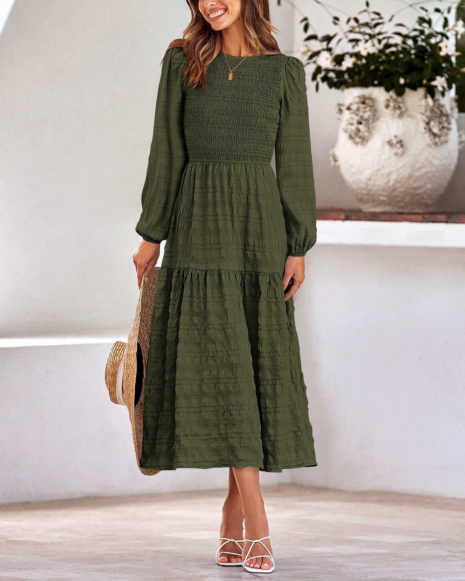 Dowerme Women's Boho Maxi Dress 2025 - Long Sleeve Smocked Tiered A-Line Wedding Party Dress for Spring | Perfect for Beach Weddings, Garden Parties & Special Occasions
