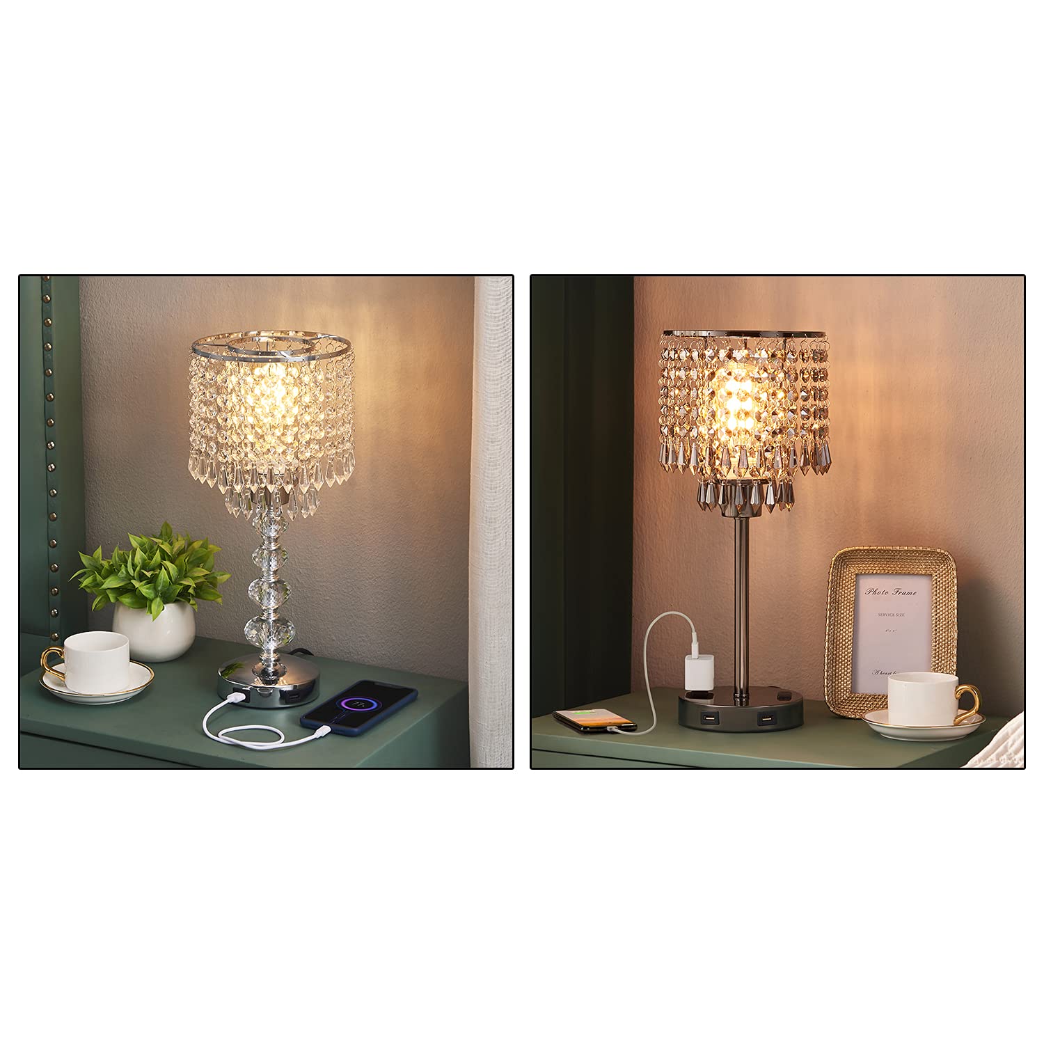 2 Pack Crystal Touch Control Table Lamps - Dimmable Nightstand Lamps for Bedroom, Living Room, Office with USB Port & 3-Way Lighting Modes