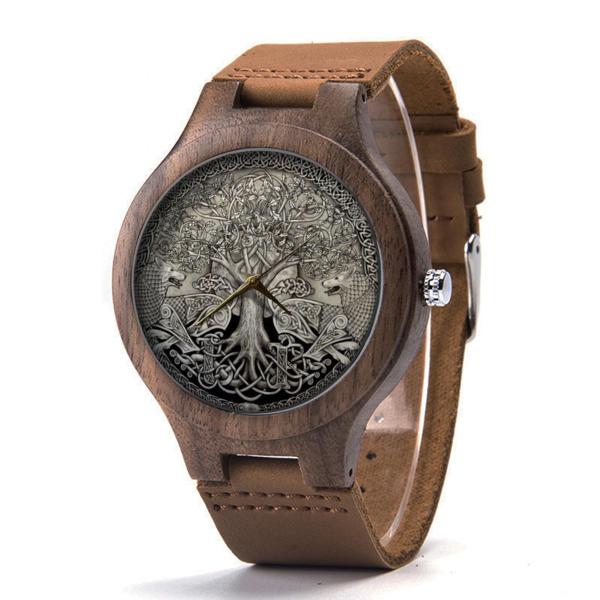 Norse Tree of Life Leather Wood Watch for Men - Handmade Celtic Nordic Wooden Watch with Adjustable Band - Perfect for Outdoor Adventures, Formal Occasions & Unique Gifts