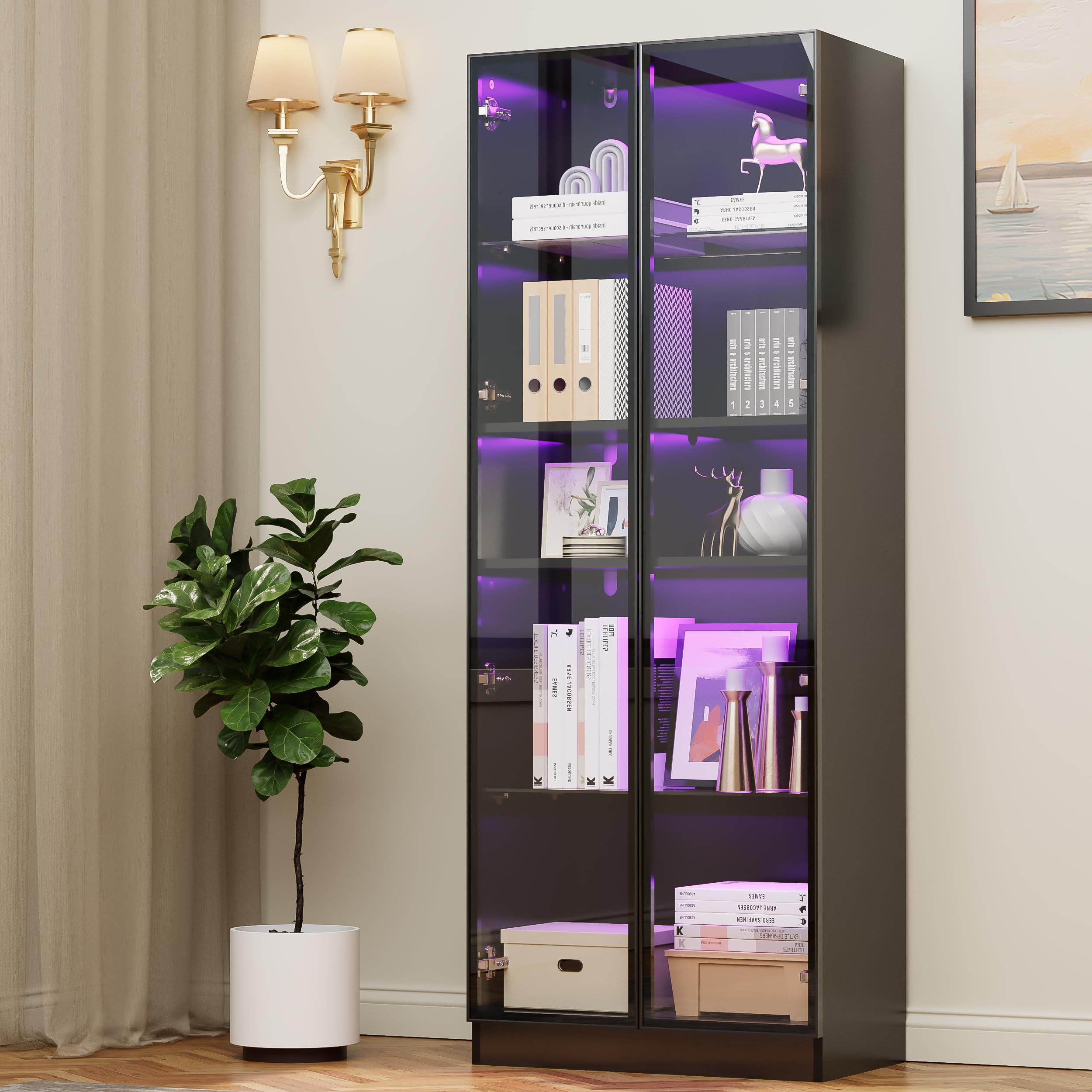5-Tier Glass Display Cabinet with LED Lights - Aluminum Alloy Frame & 2 Glass Partitions - Black Trophy Case for Collectibles, Awards & Memorabilia - Perfect for Home, Office or Retail Store Displays