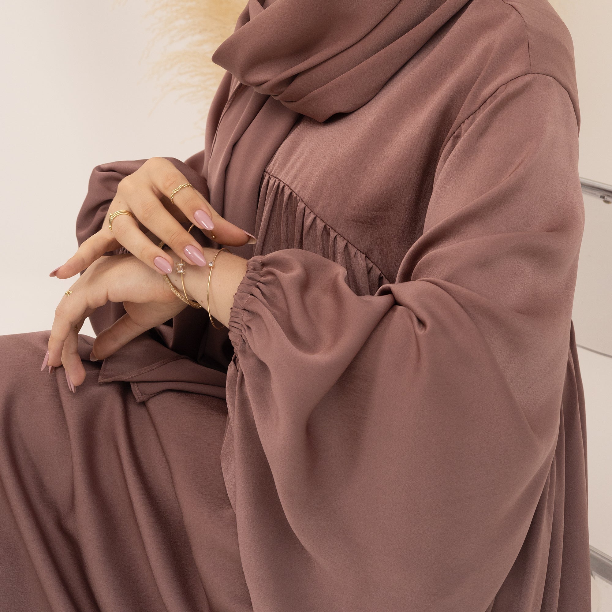 Amelia Satin Abaya Set - Elegant Muslim Prayer Dress for Women in Mauve | Perfect for Eid, Ramadan & Special Occasions