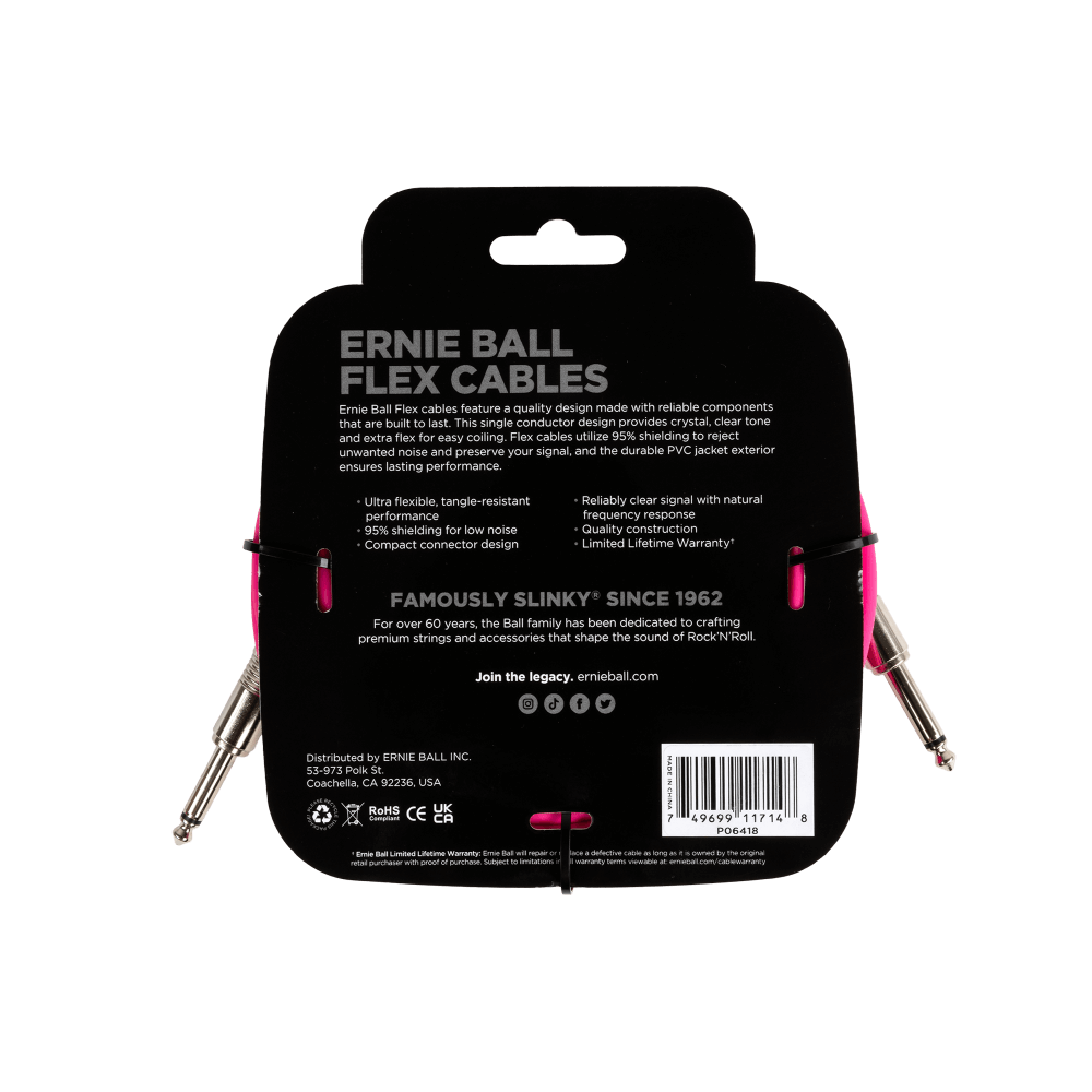 Ernie Ball 20Ft Pink Flex Instrument Cable - Straight to Straight Connector for Guitar, Bass & Keyboards | High-Quality Audio Cable for Live Performances & Studio Recording