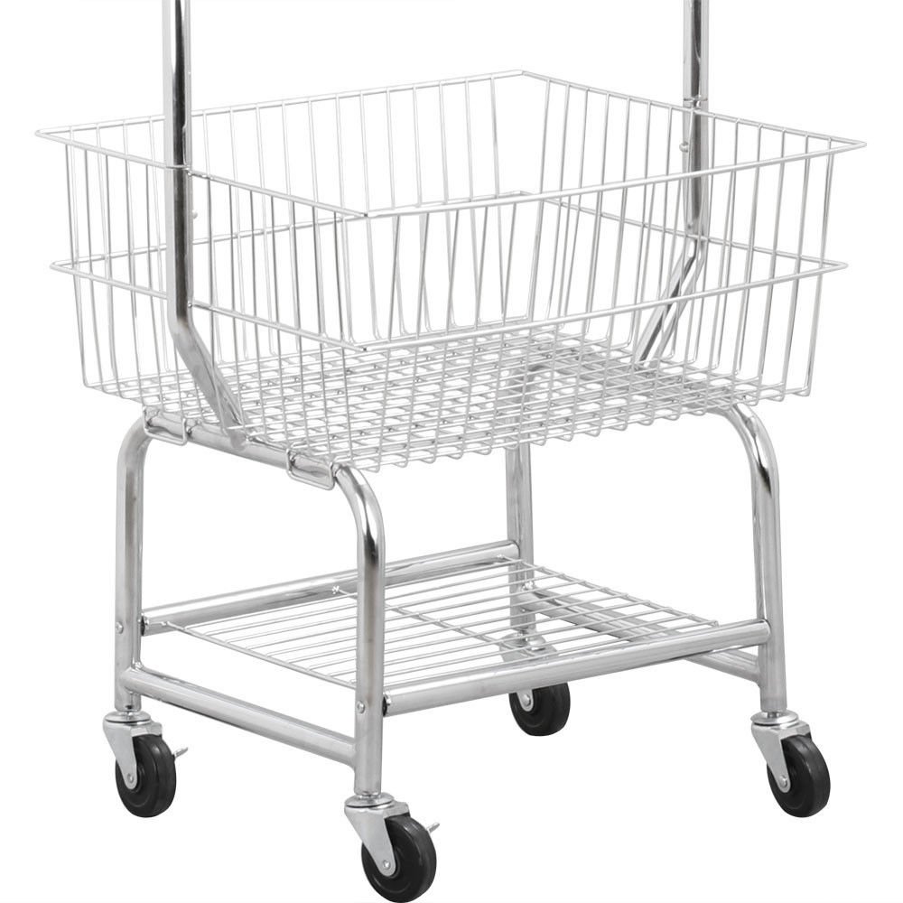 Foldable Rolling Laundry Cart with Storage Baskets & Double Pole Rack - Space Saving Clothes Hamper Organizer for Bedroom, Laundry Room & Dorm (Silver)