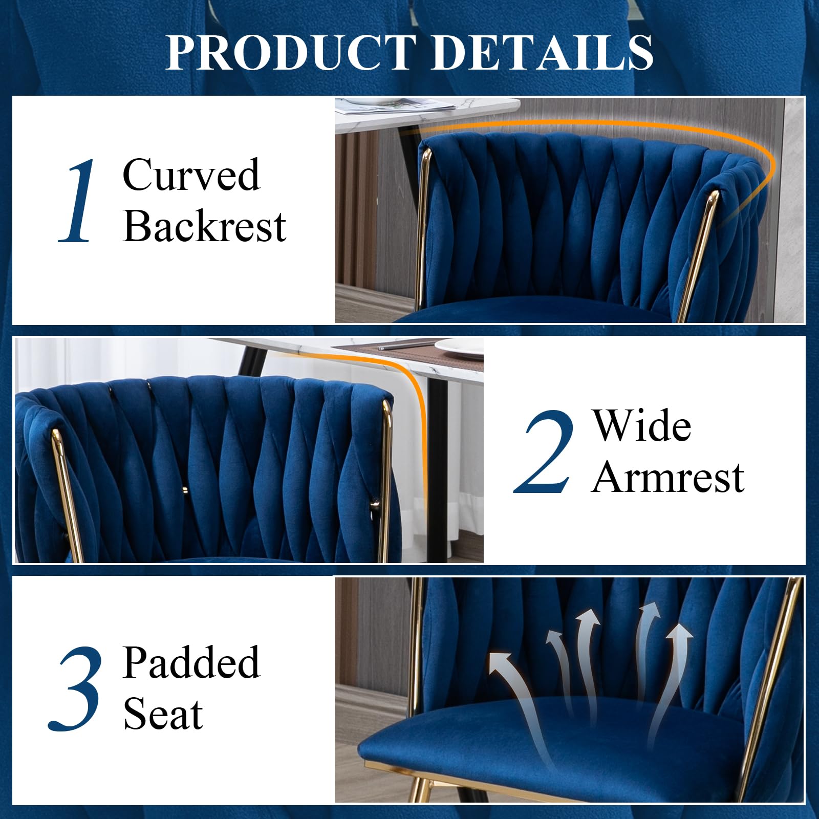 NIOIIKIT Modern Velvet Dining Chairs Set of 2 - Handwoven Upholstered Accent Chairs with Golden Metal Legs for Living Room, Kitchen, Dining Room & Vanity (Navy Blue) | Elegant Seating for Home Decor, Dinner Parties & Cozy Lounging