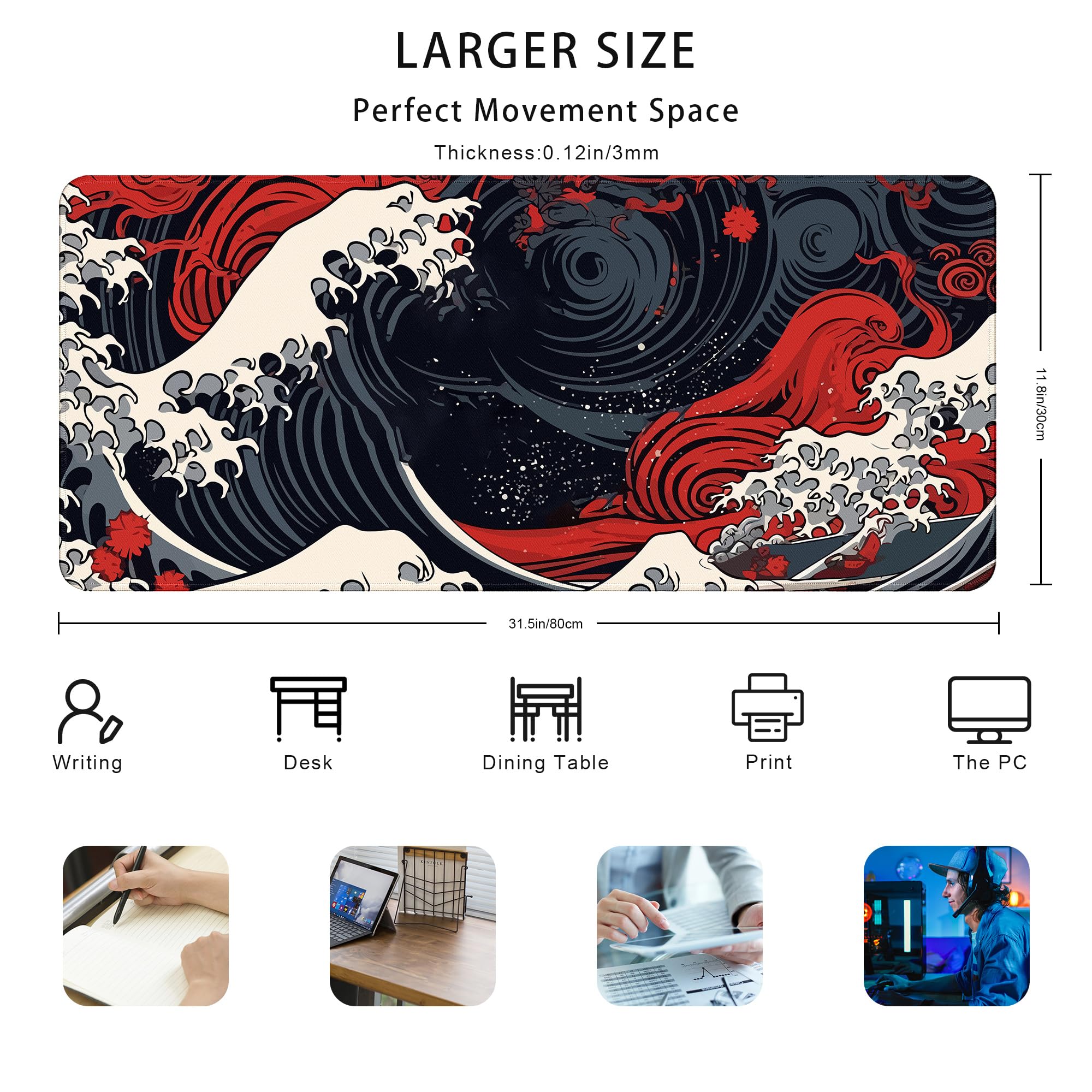Large Sea Wave Gaming Mouse Pad - 31.5x11.8in XL Non-Slip Desk Mat with Stitched Edge for Keyboard & Mouse | Perfect for PC Gaming, Office Work & Home Computer Setup | Red