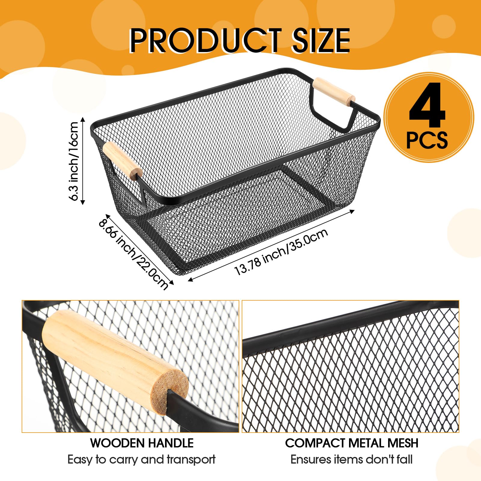 4-Piece Metal Wire Basket Set with Wooden Handles - Black Steel Mesh Storage Organizer Bins for Home, Kitchen, Pantry & Closet Organization - Perfect for Fruits, Snacks, Makeup & Gifts (Large Size) - Ideal for Refrigerator, Cabinet & Shelf Storage Solutions