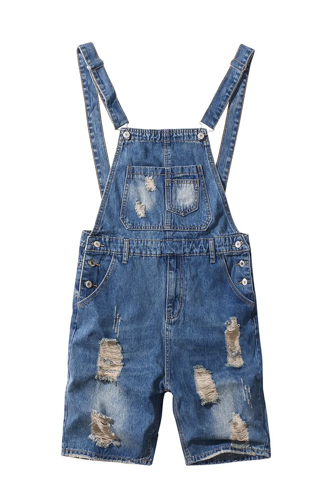 Men's Slim Fit Ripped Blue Denim Bib Overalls Shorts - Stylish Distressed Denim Jumpsuit for Casual Outings & Music Festivals