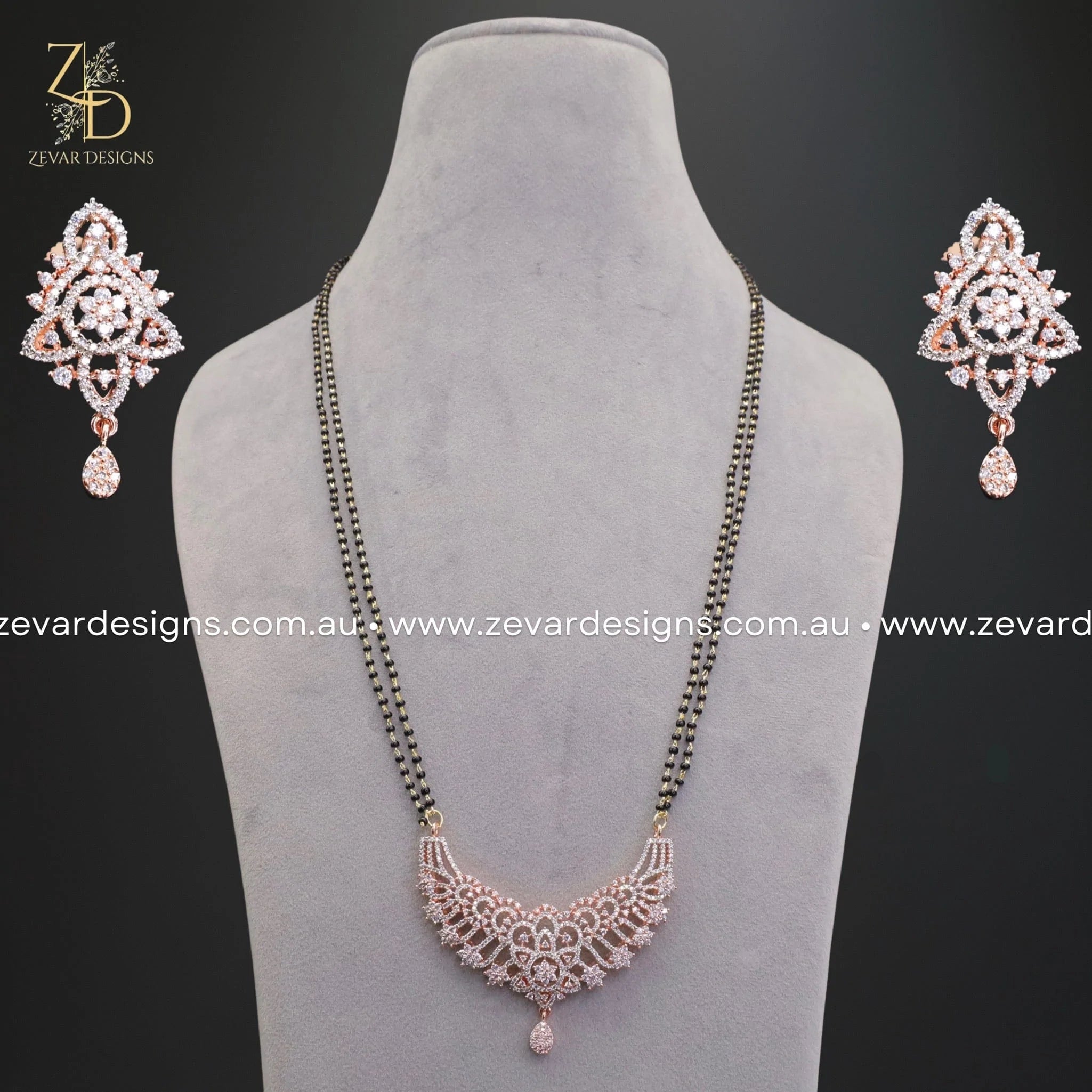 Zircon Mangalsutra and Earrings Set in Rose Gold - Elegant Indian Jewelry for Weddings, Festivals & Special Occasions
