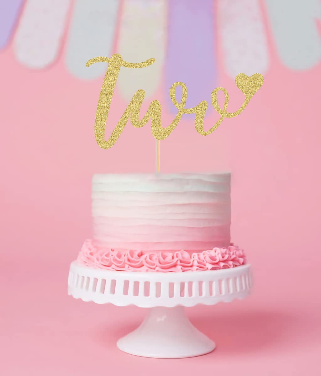 Gold Glitter 2nd Birthday Cake Topper - Love Two Cake Decorations for Baby's 2nd Birthday Party - Photo Booth Props & Party Supplies - Perfect for 2nd Birthday Celebrations, Baby Showers & Photo Backdrops