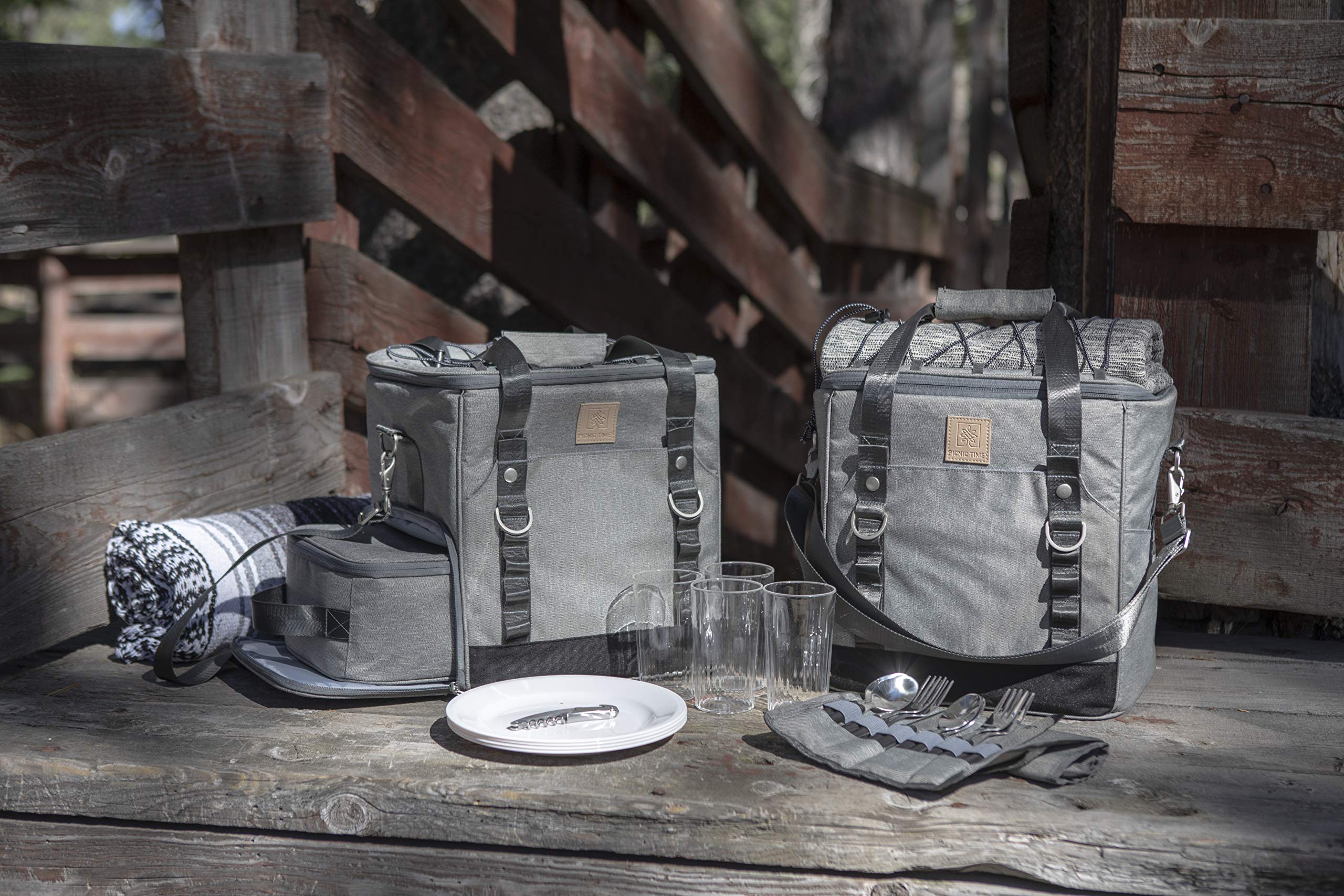 PICNIC TIME PT-Frontier Insulated Picnic Cooler Tote Bag with Picnic Set - Portable Soft Cooler for Beach, Camping & Outdoor Activities (Heathered Gray)