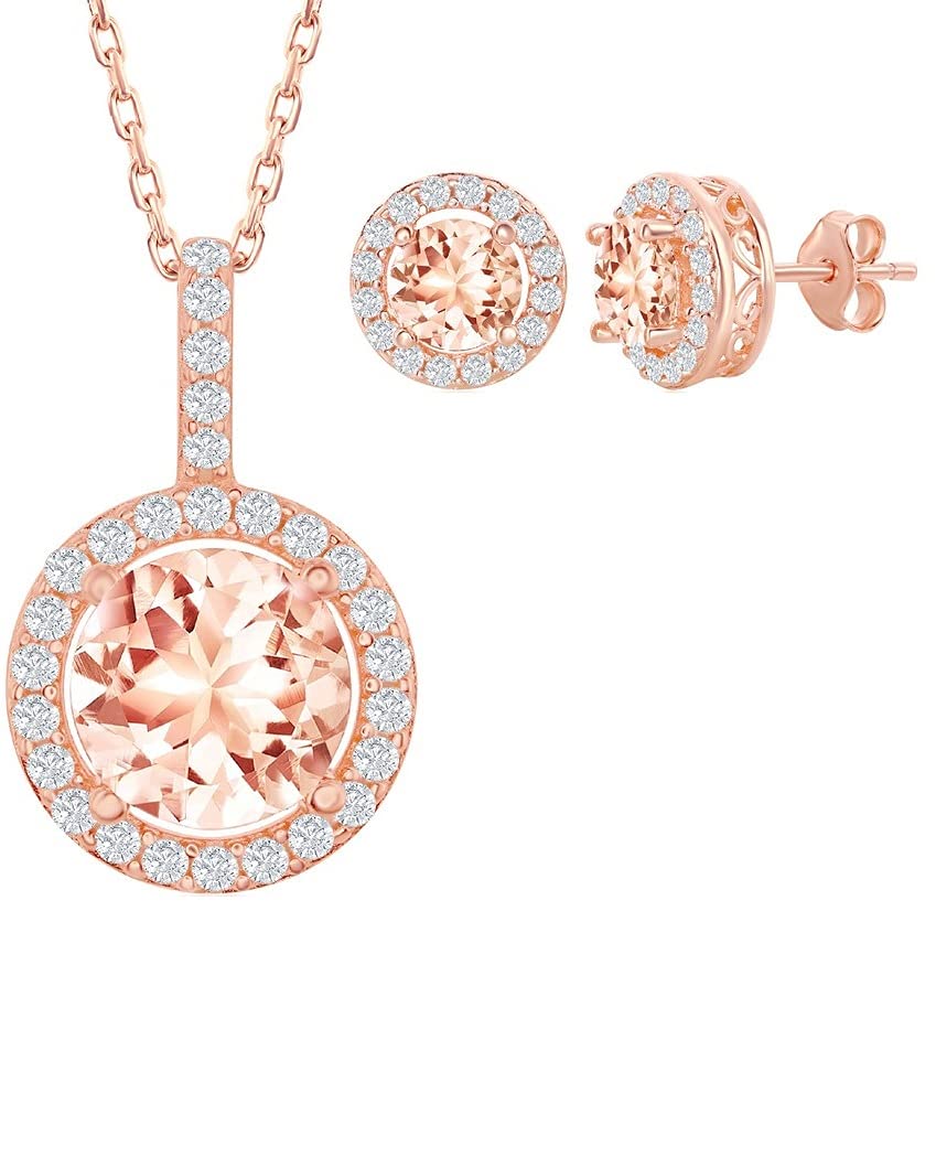 Rose Gold Plated Sterling Silver Morganite & CZ Necklace and Earrings Set - Elegant Jewelry for Weddings, Anniversaries, and Special Occasions